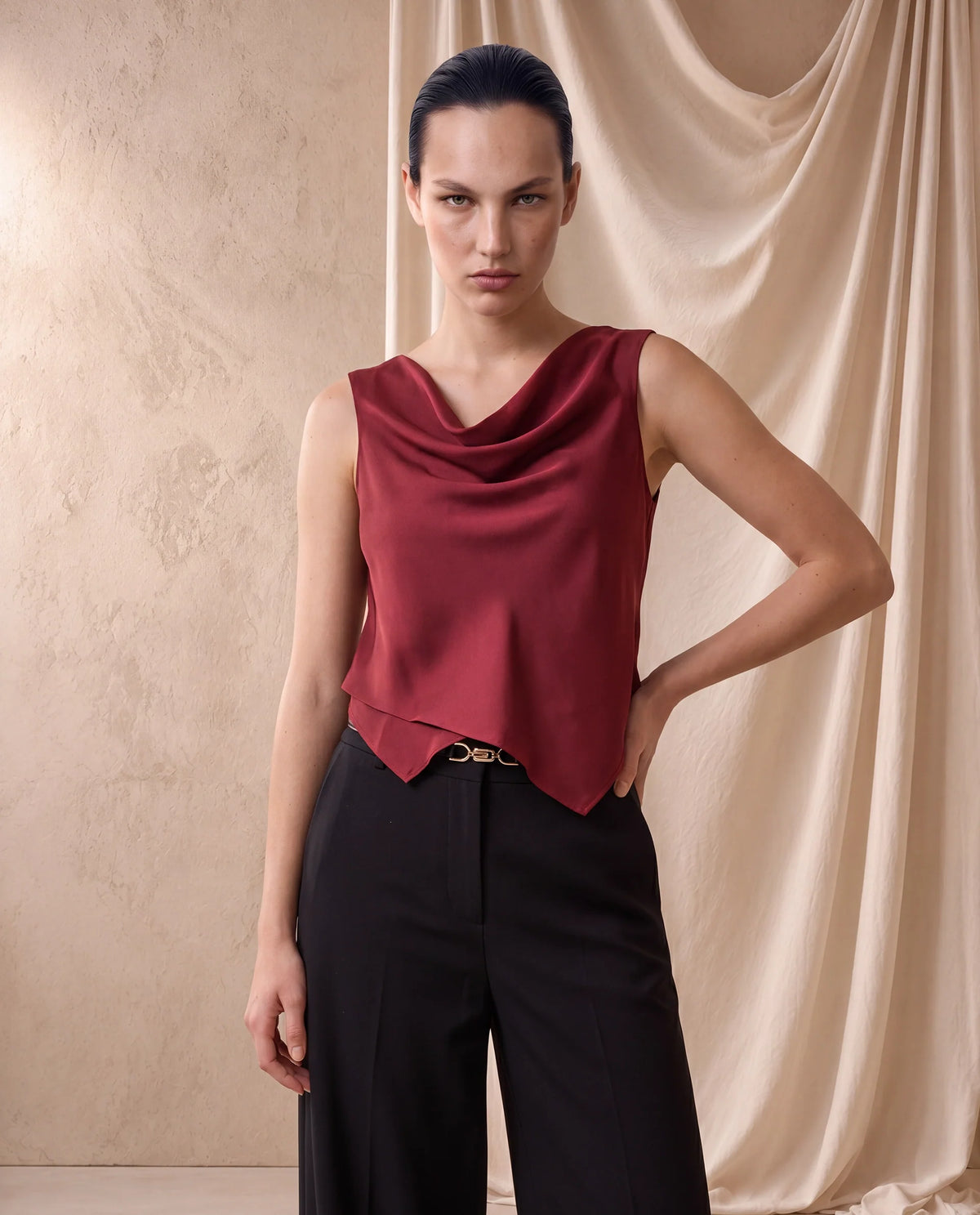 Rareism Women's Avini Dark Red Polyester Sleeveless Fitted Plain Top