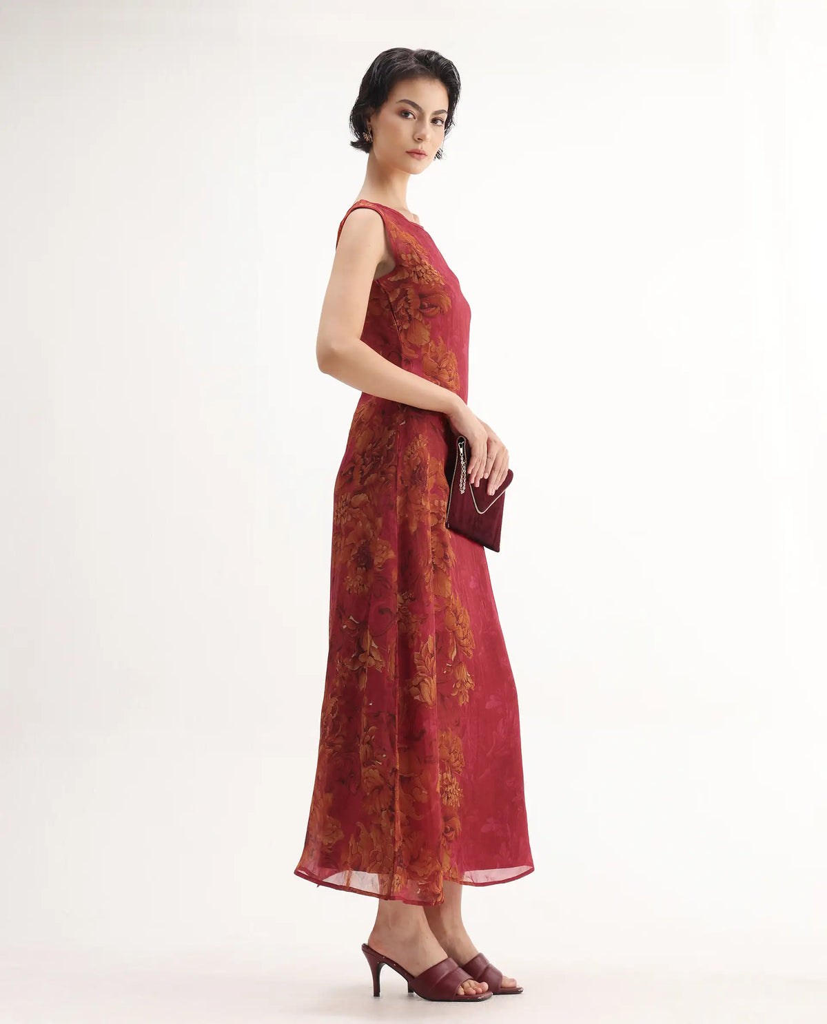 Rareism Women's Avins Pink Viscose Organza Round Neck Fit And Flare Printed Dress
