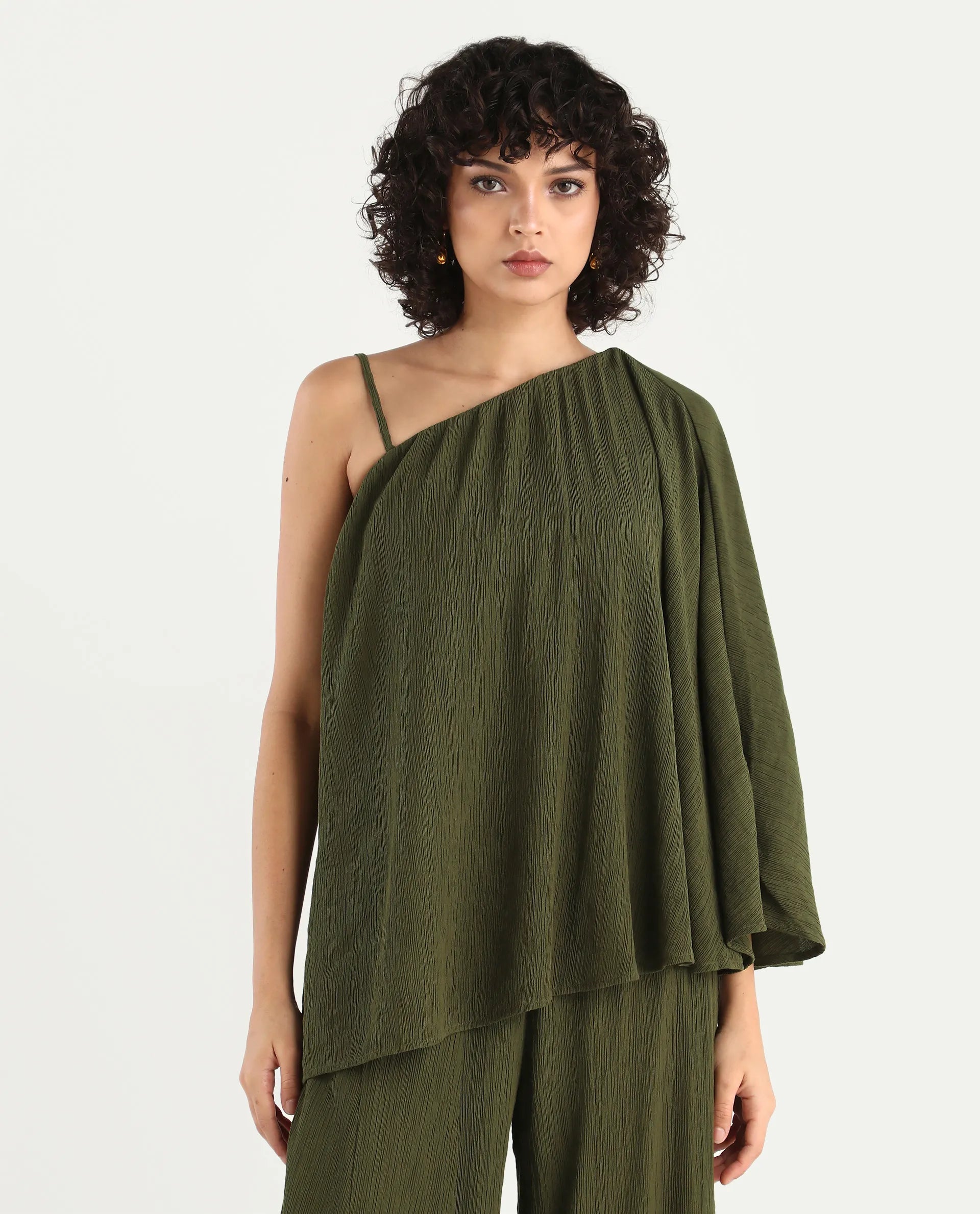 Rareism Women's Aviok-T Olive Nylon Blend One Shoulder Relaxed Plain Top