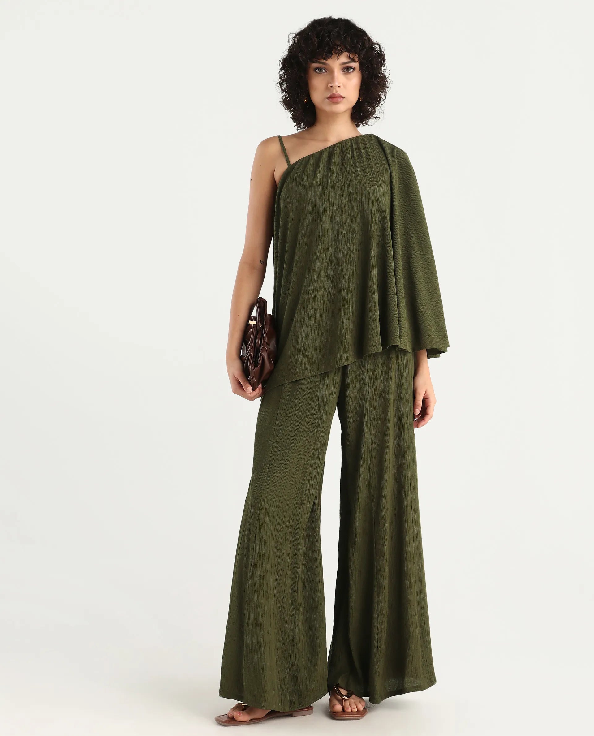 Rareism Women's Aviok-T Olive Nylon Blend One Shoulder Relaxed Plain Top