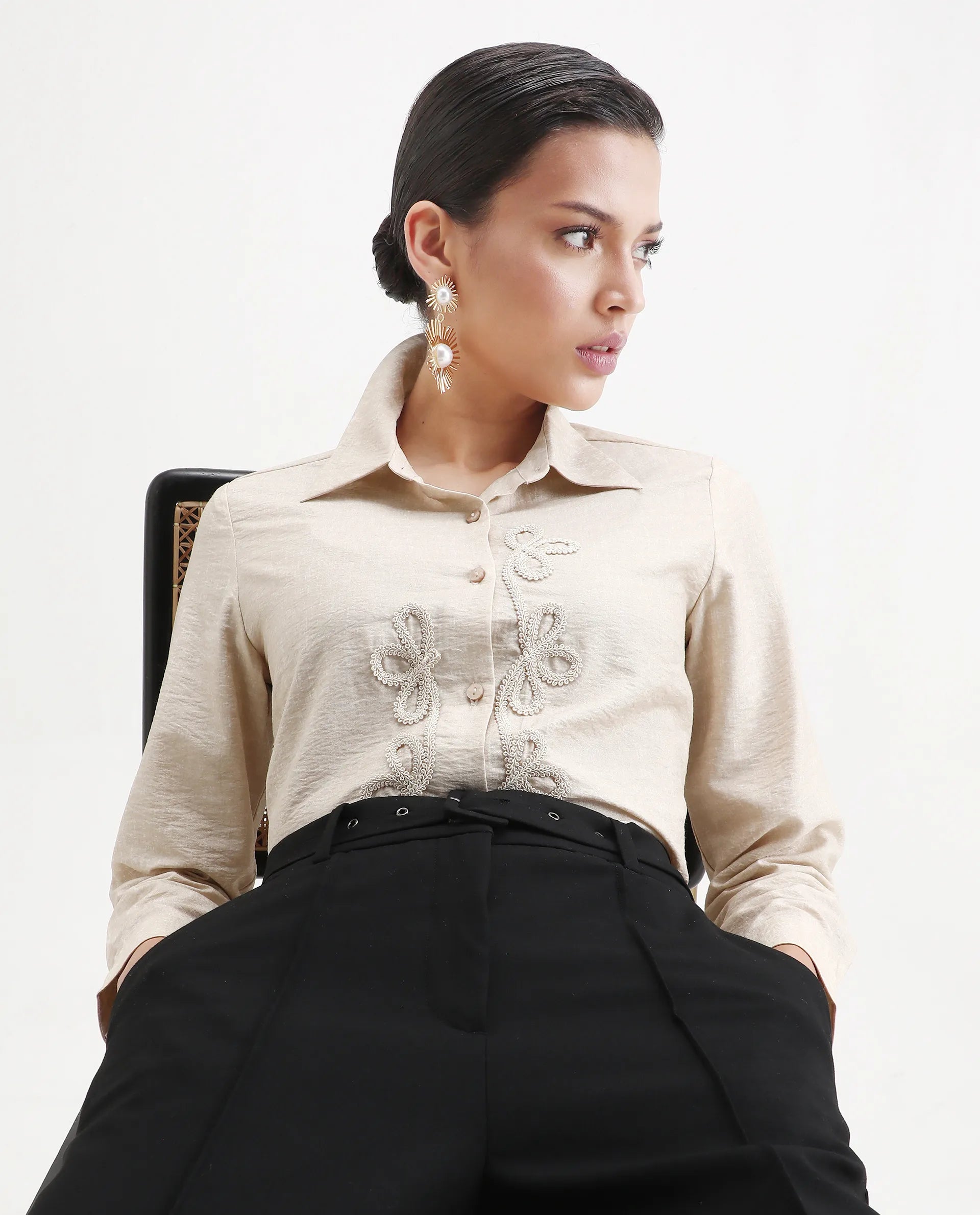 Rareism Women's Avira Beige Nylon Blend Spread Collar Regular Fit Shirt