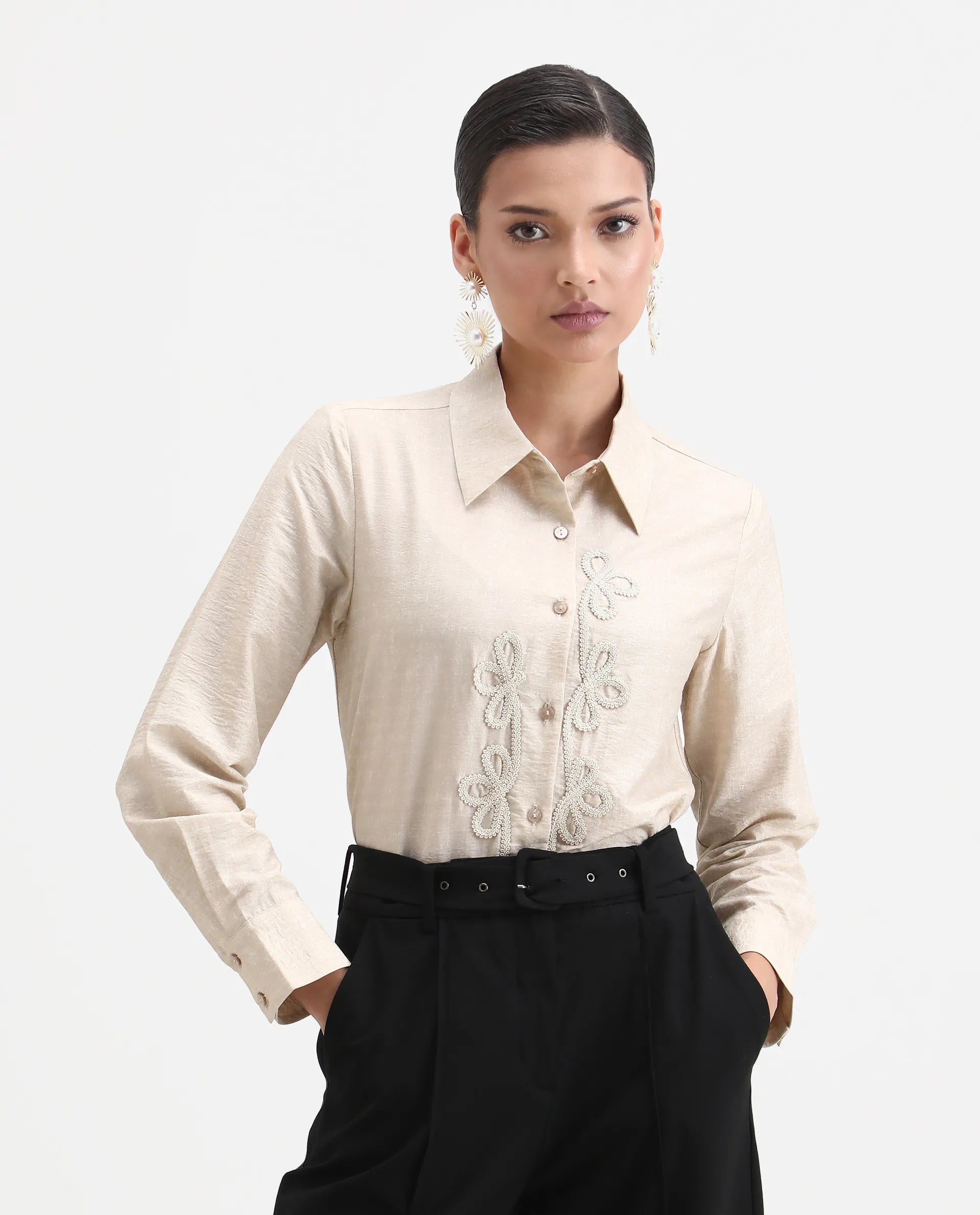 Rareism Women's Avira Beige Nylon Blend Spread Collar Regular Fit Shirt