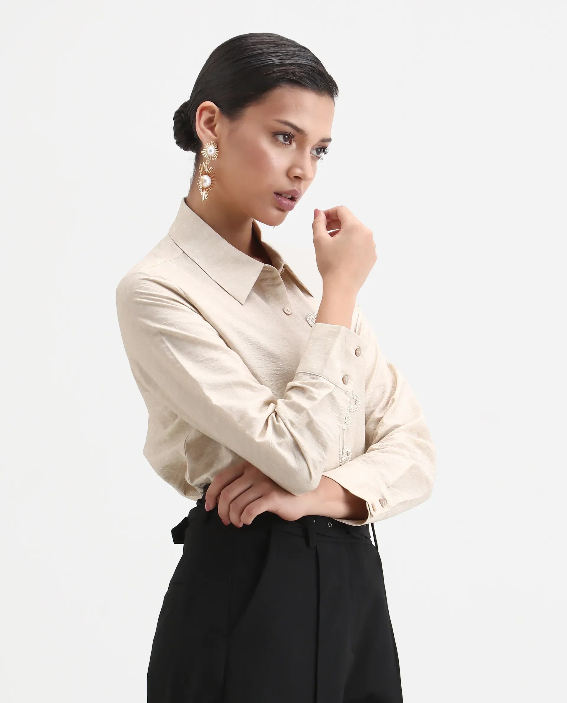 Rareism Women's Avira Beige Nylon Blend Spread Collar Regular Fit Shirt