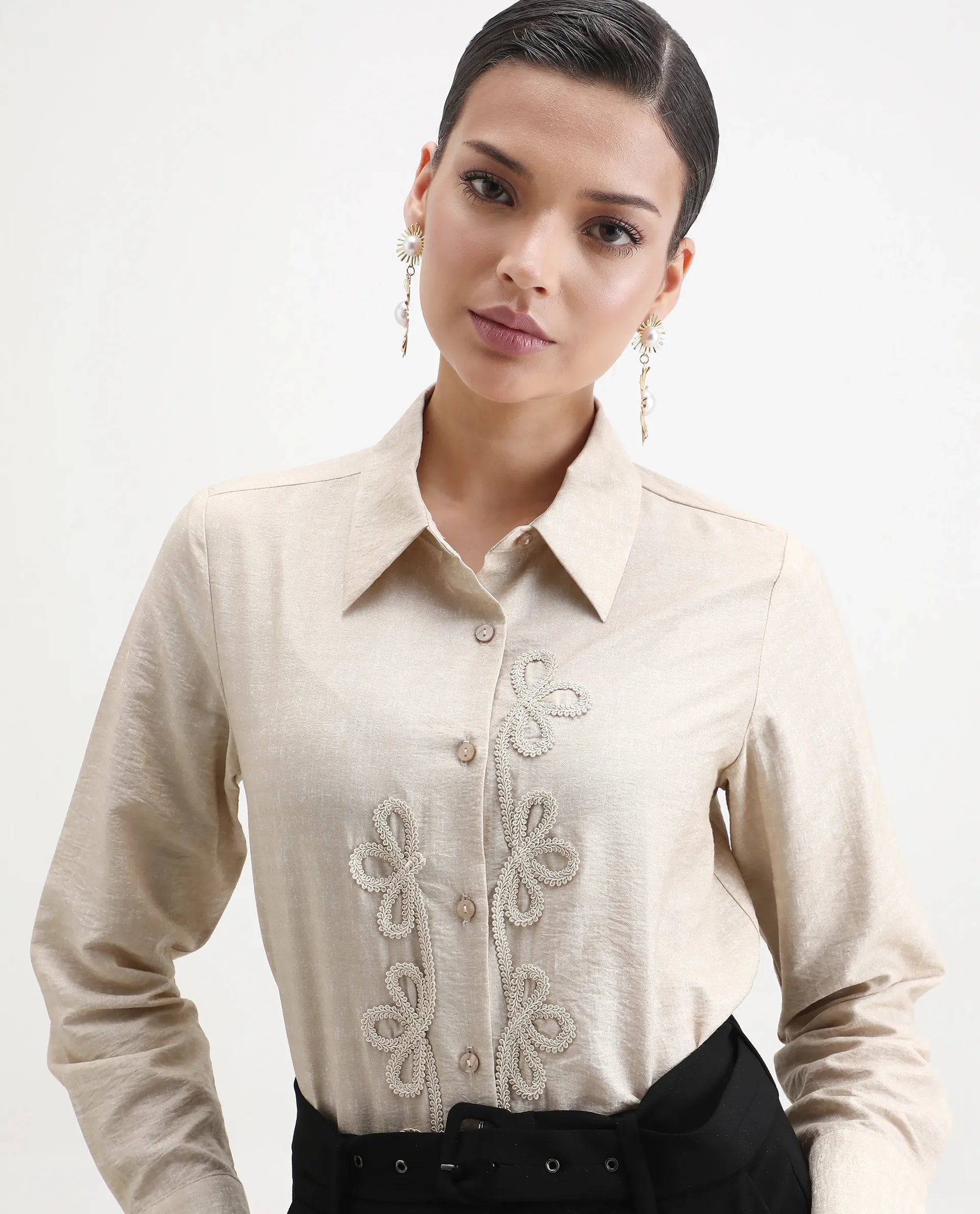 Rareism Women's Avira Beige Nylon Blend Spread Collar Regular Fit Shirt