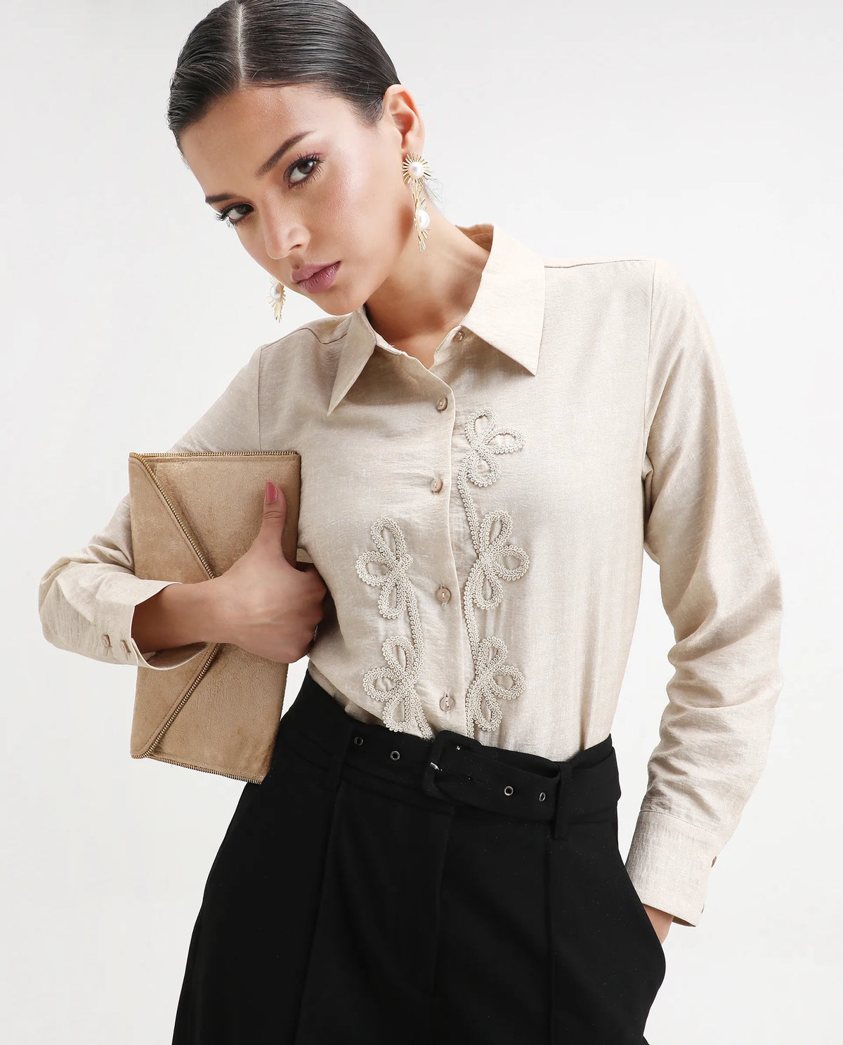 Rareism Women's Avira Beige Nylon Blend Spread Collar Regular Fit Shirt