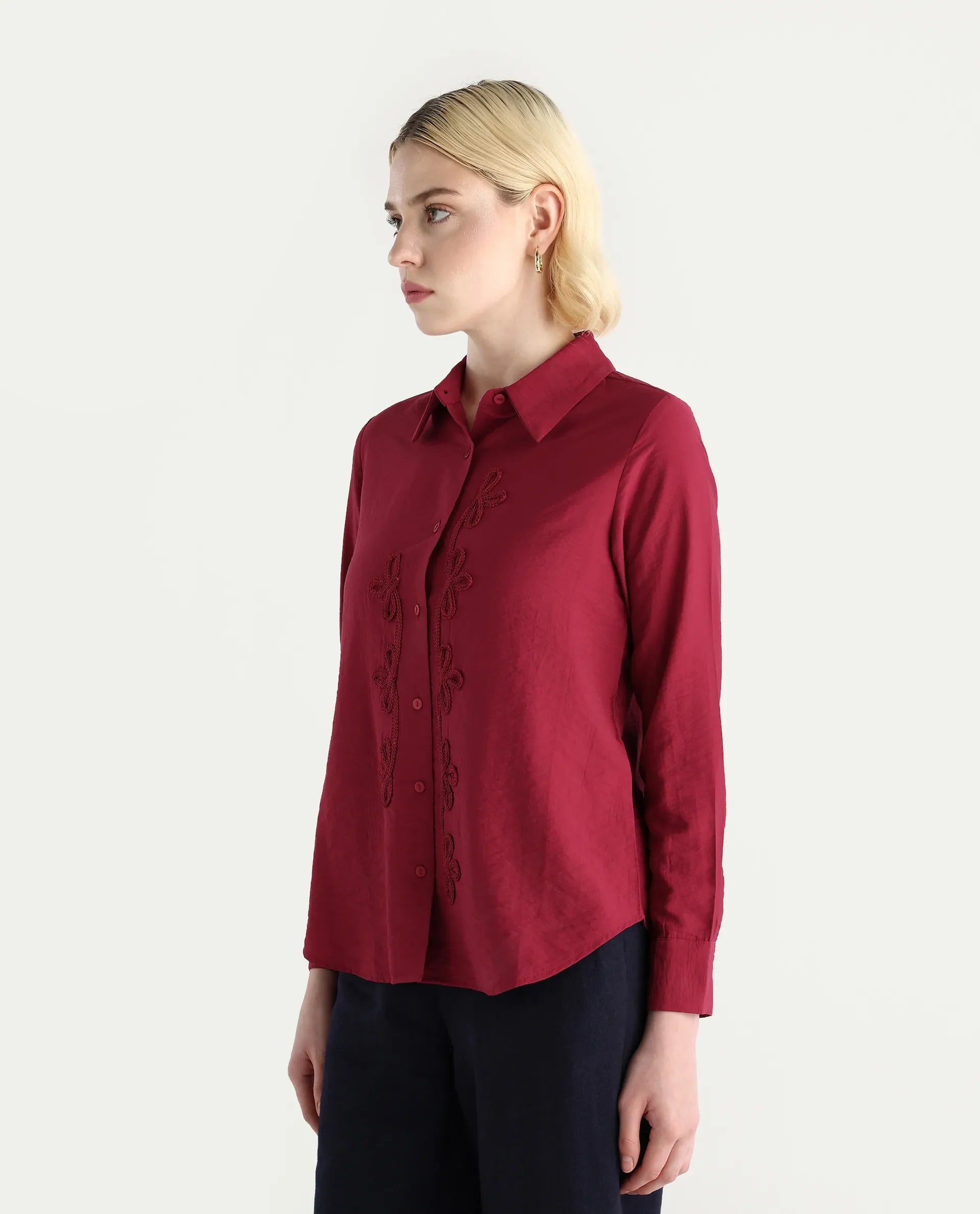 Rareism Women's Avira Red Nylon Blend Spread Collar Regular Fit Shirt