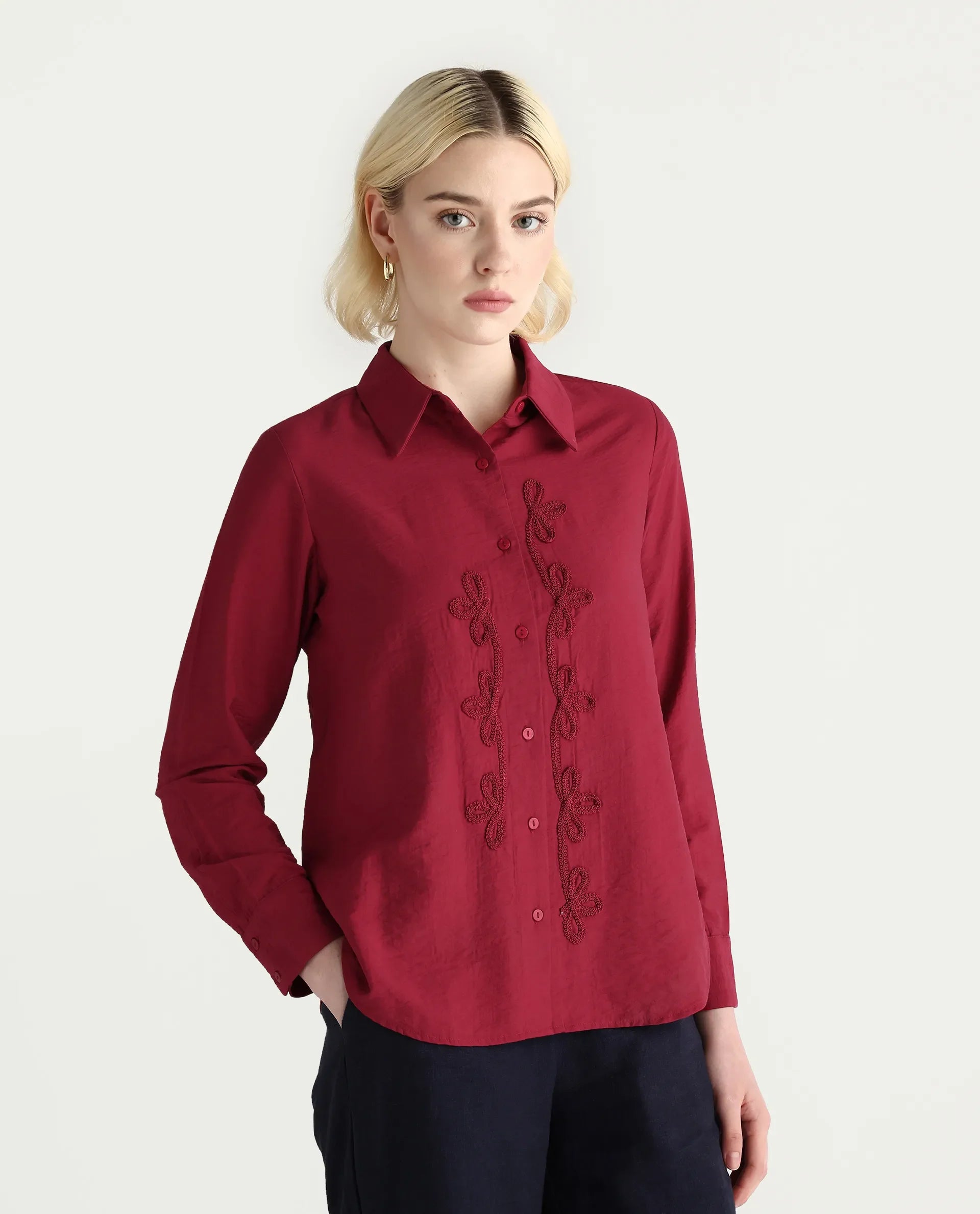 Rareism Women's Avira Red Nylon Blend Spread Collar Regular Fit Shirt