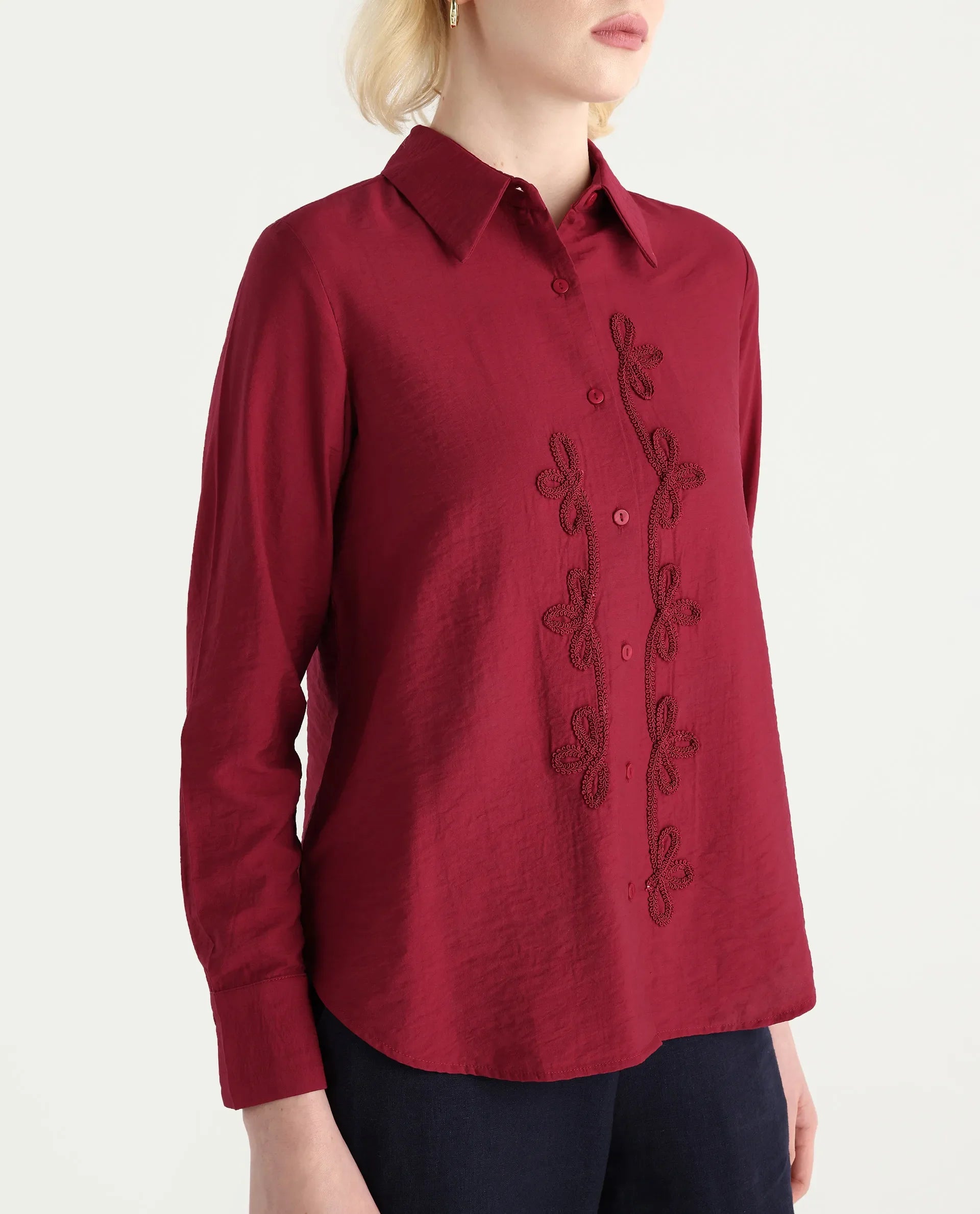 Rareism Women's Avira Red Nylon Blend Spread Collar Regular Fit Shirt