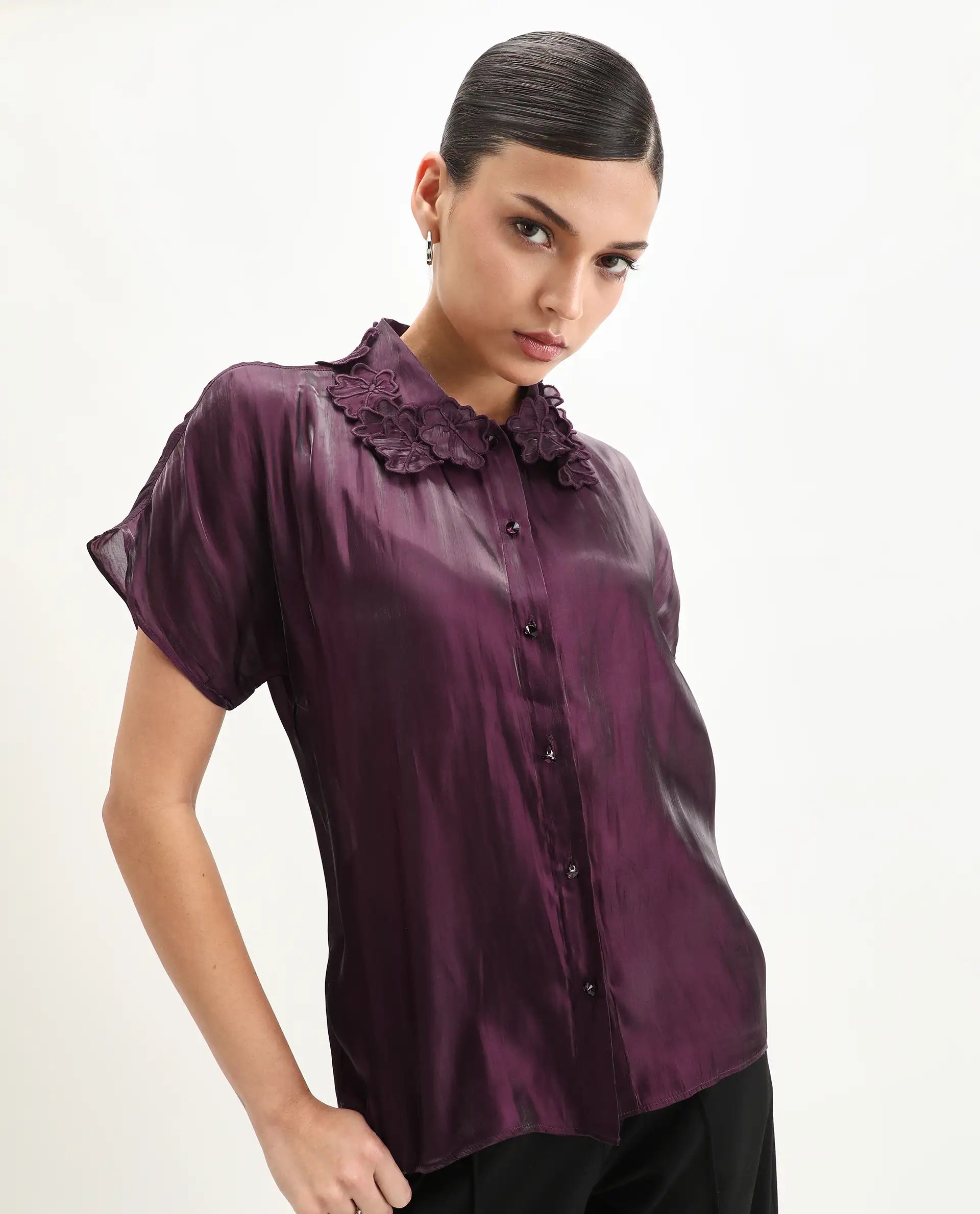 Rareism Women's Avirfa Maroon Polyester Collared Neck Relaxed Fit Shirt