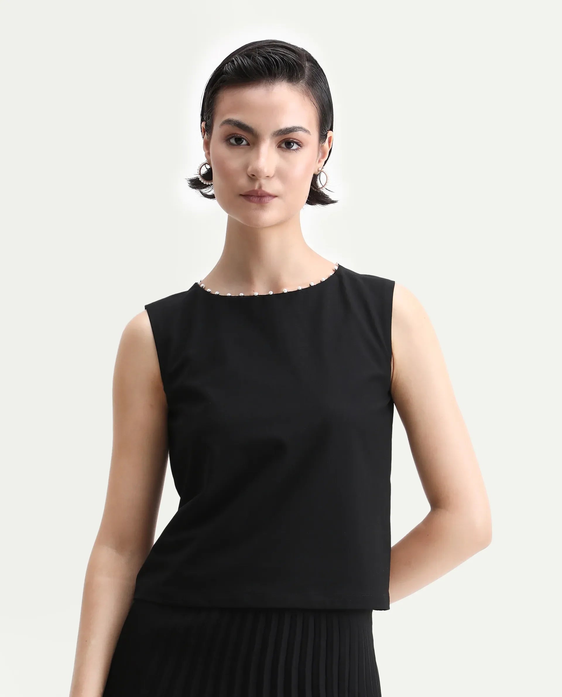 Rareism Women's Avisa Black Lycra Blend Boat Neck Boxy Fit Plain Top