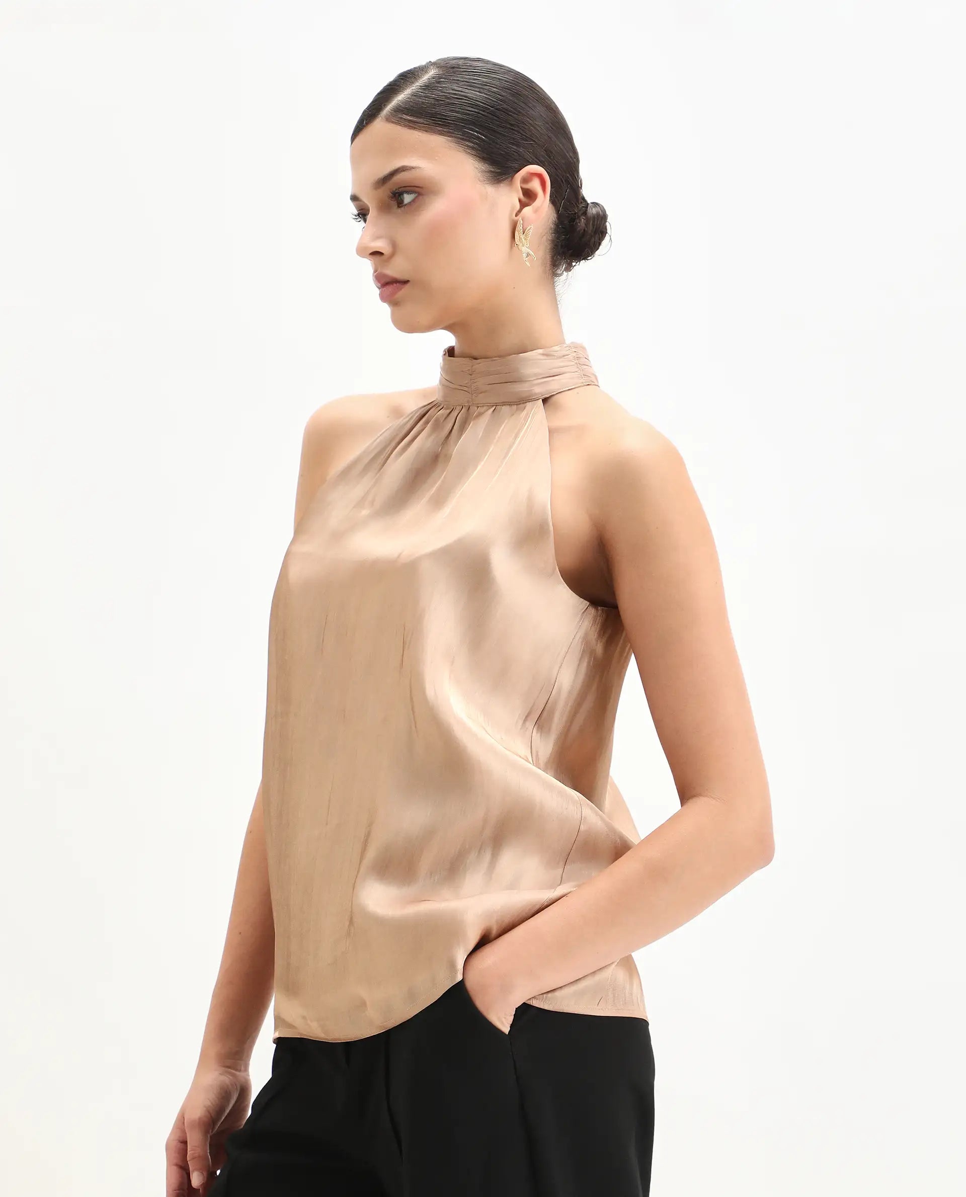 Rareism Women's Avisna Metalic Gold Polyester Halter Neck Regular Fit Plain Top