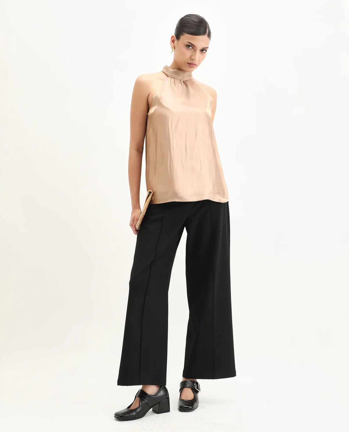 Rareism Women's Avisna Metalic Gold Polyester Halter Neck Regular Fit Plain Top