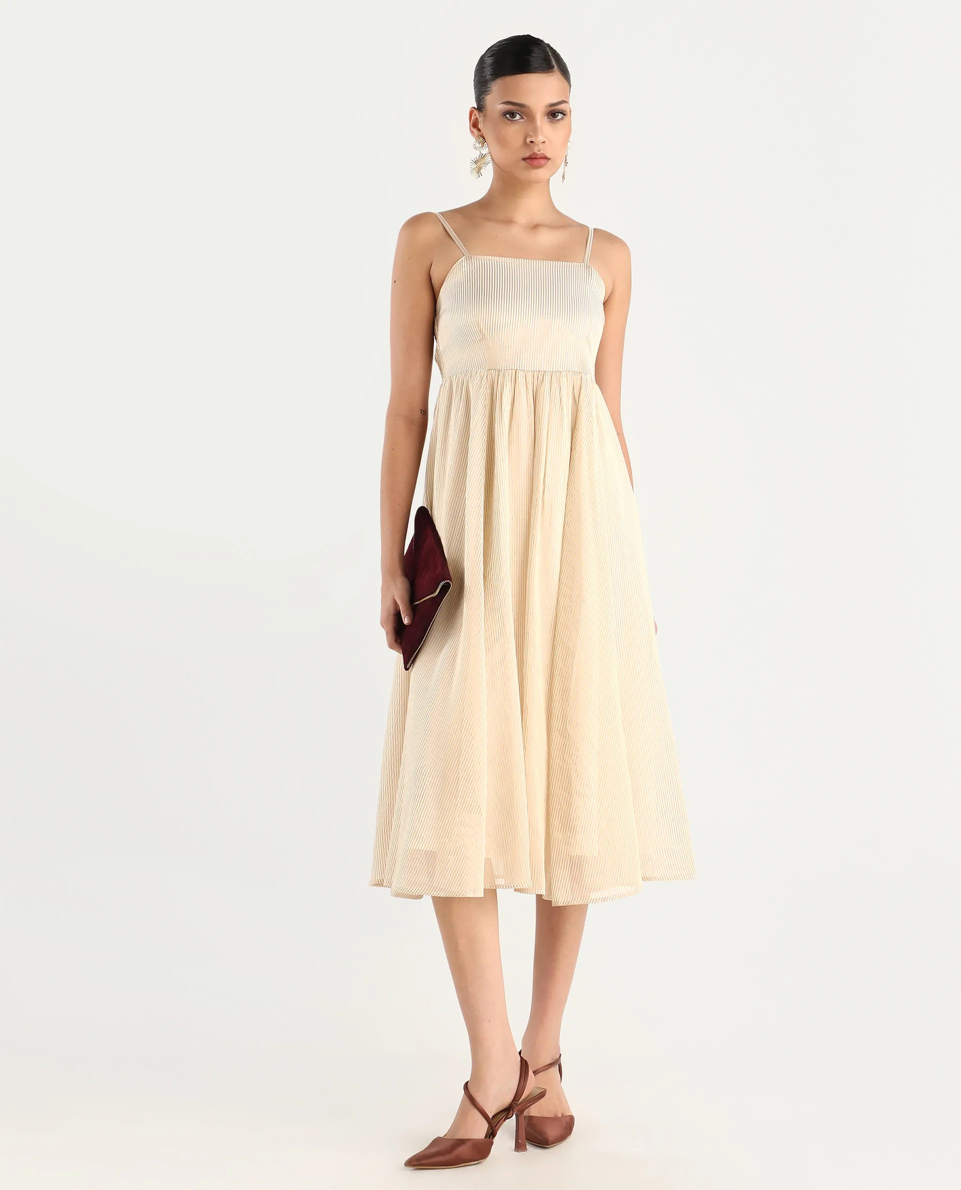 Rareism Women Avisnat Off White Elastic Closure Fit And Flared Midi Length Striped Dress