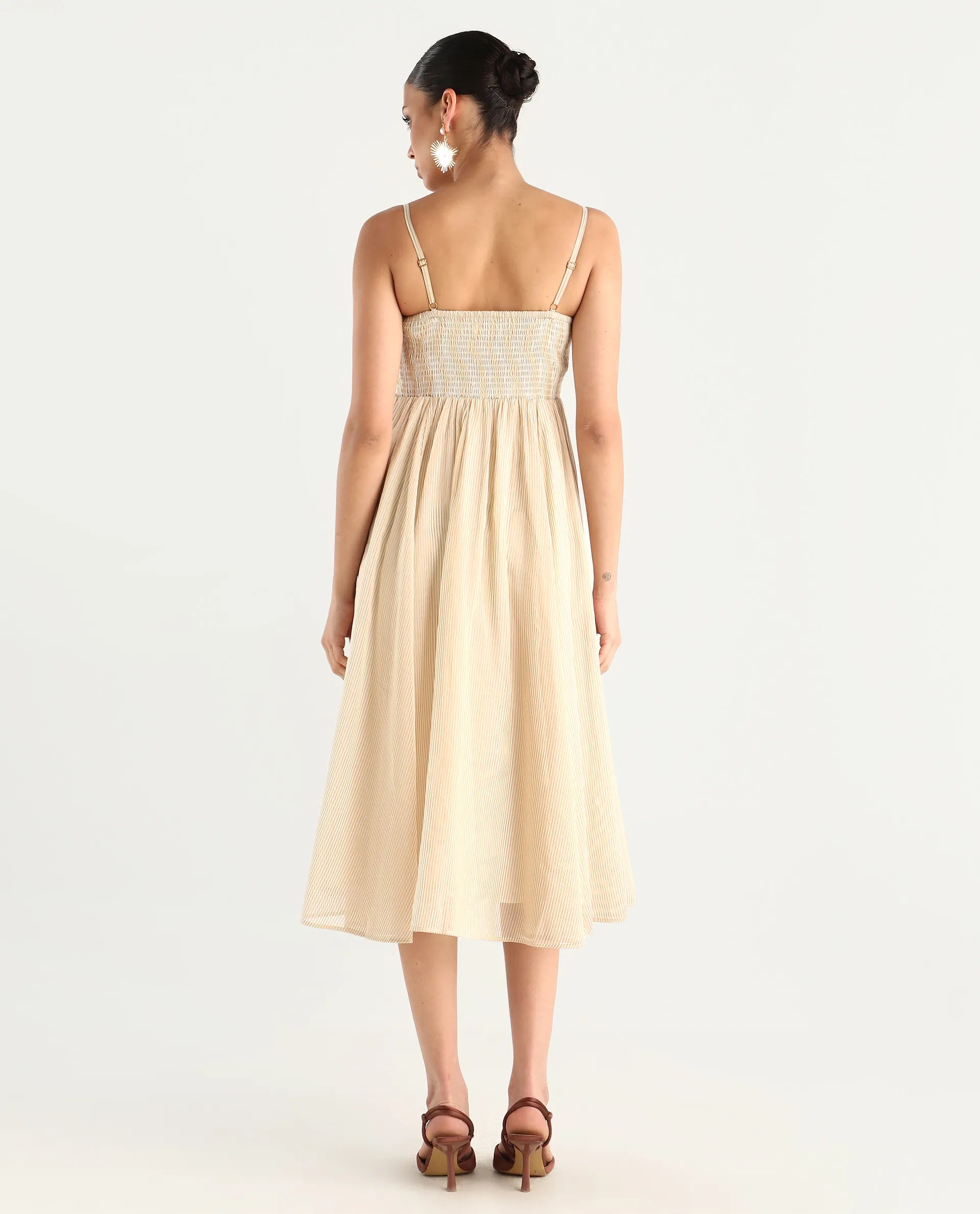 Rareism Women Avisnat Off White Elastic Closure Fit And Flared Midi Length Striped Dress