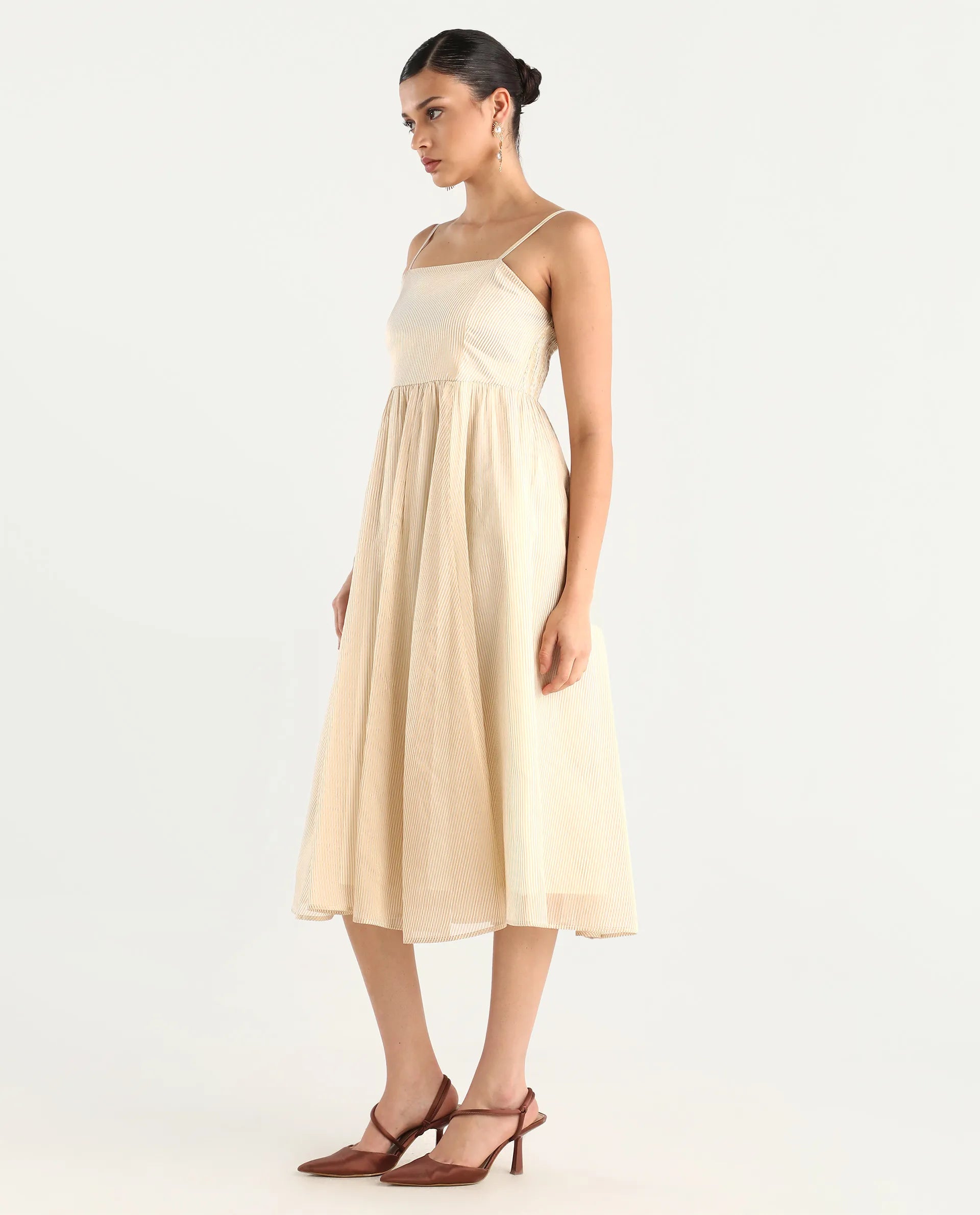 Rareism Women Avisnat Off White Elastic Closure Fit And Flared Midi Length Striped Dress