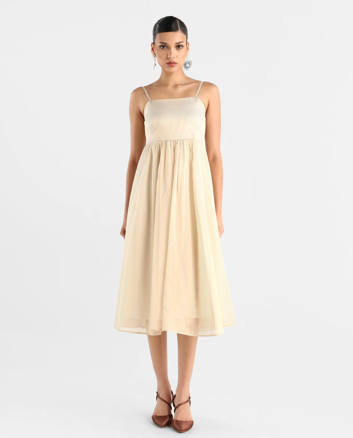 Rareism Women Avisnat Off White Elastic Closure Fit And Flared Midi Length Striped Dress