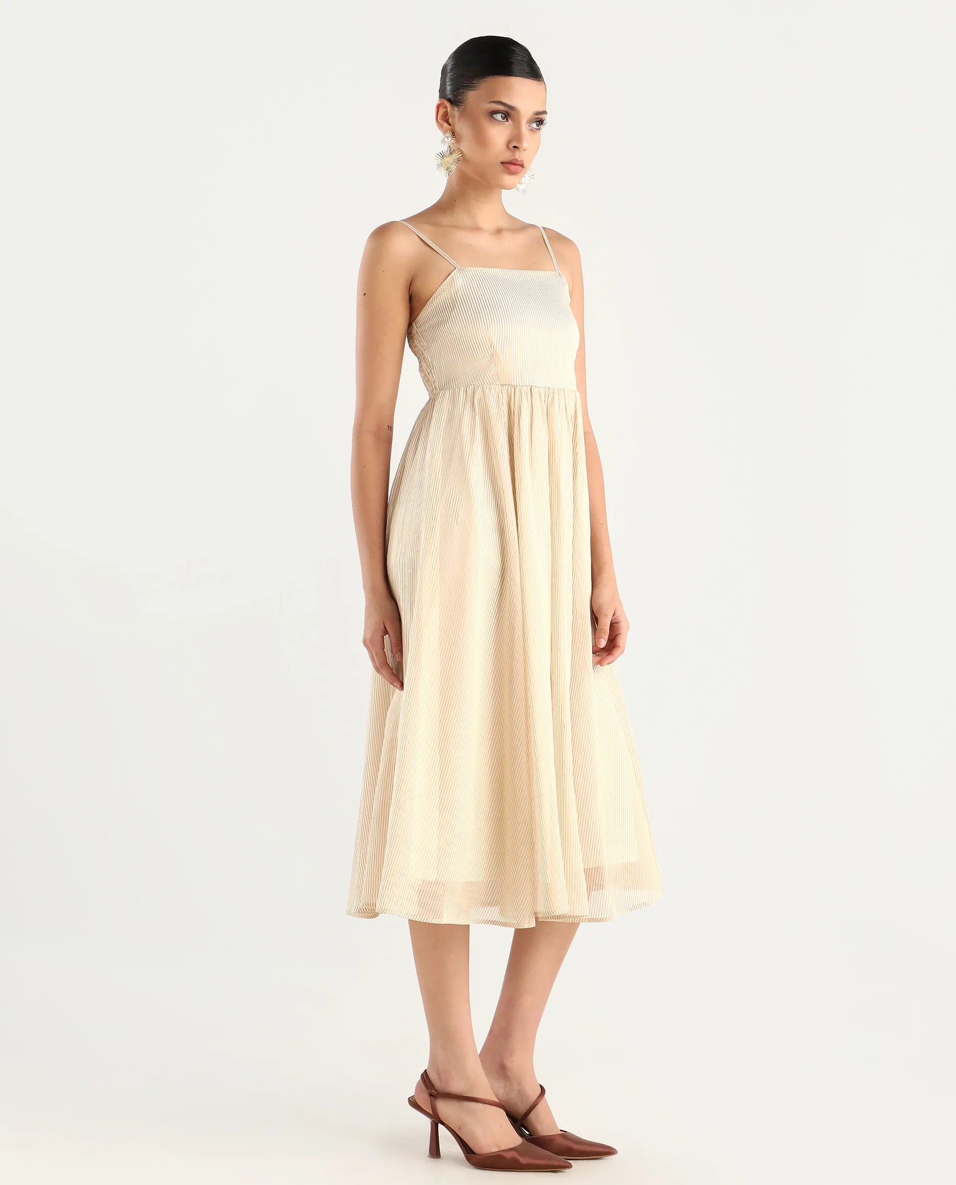 Rareism Women Avisnat Off White Elastic Closure Fit And Flared Midi Length Striped Dress