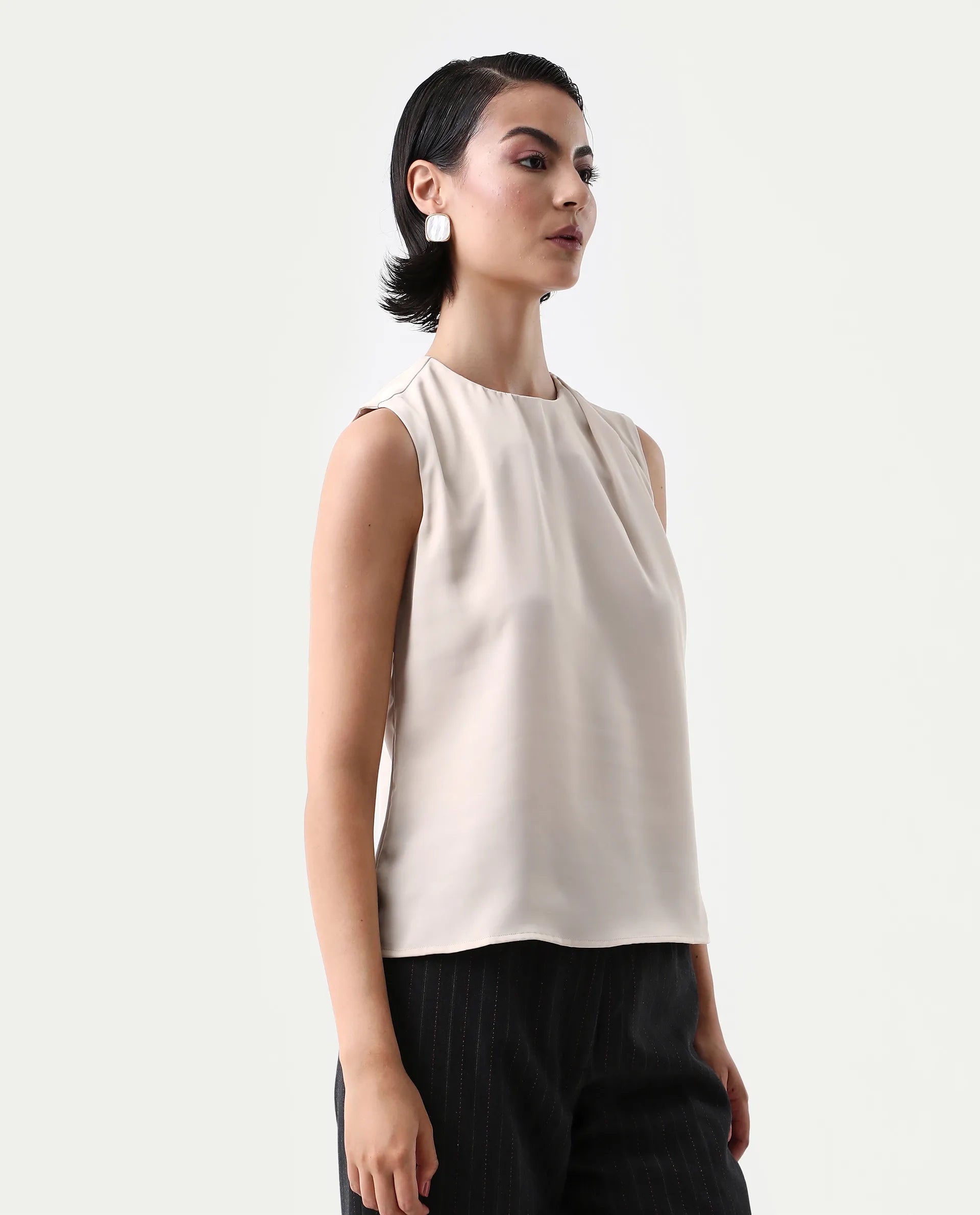 Rareism Women's Aviso Beige Polyester Round Neck Regular Fit Plain Top