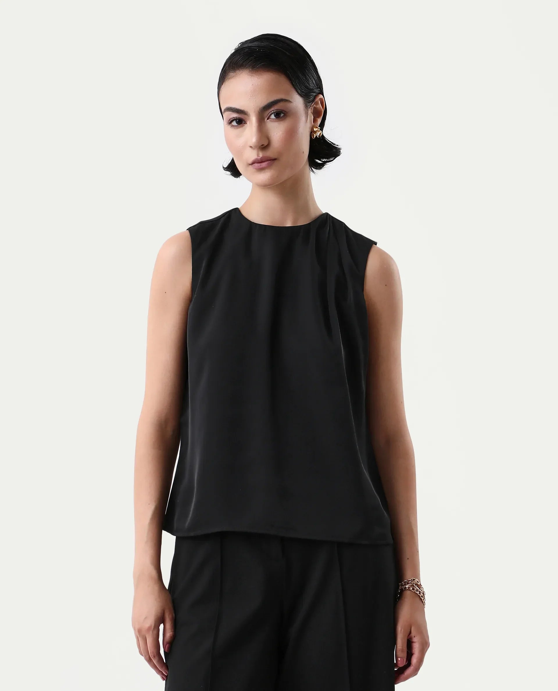 Rareism Women's Aviso Black Polyester Round Neck Regular Fit Plain Top