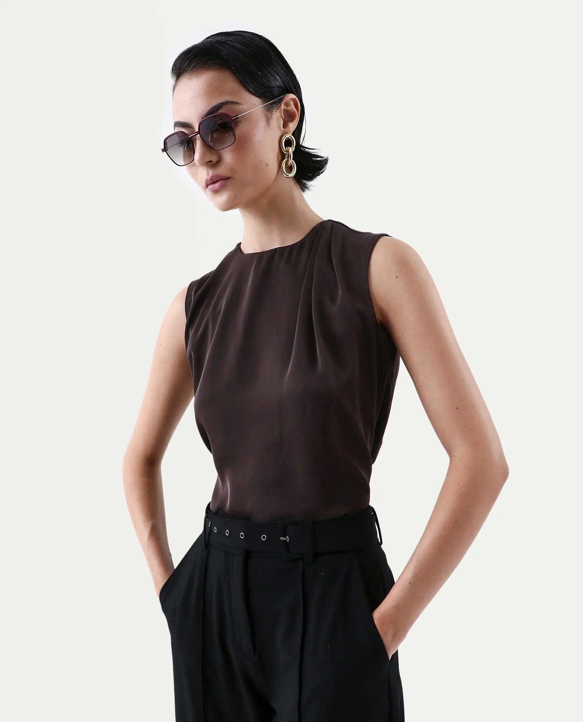 Rareism Women's Aviso Brown Polyester Round Neck Regular Fit Plain Top