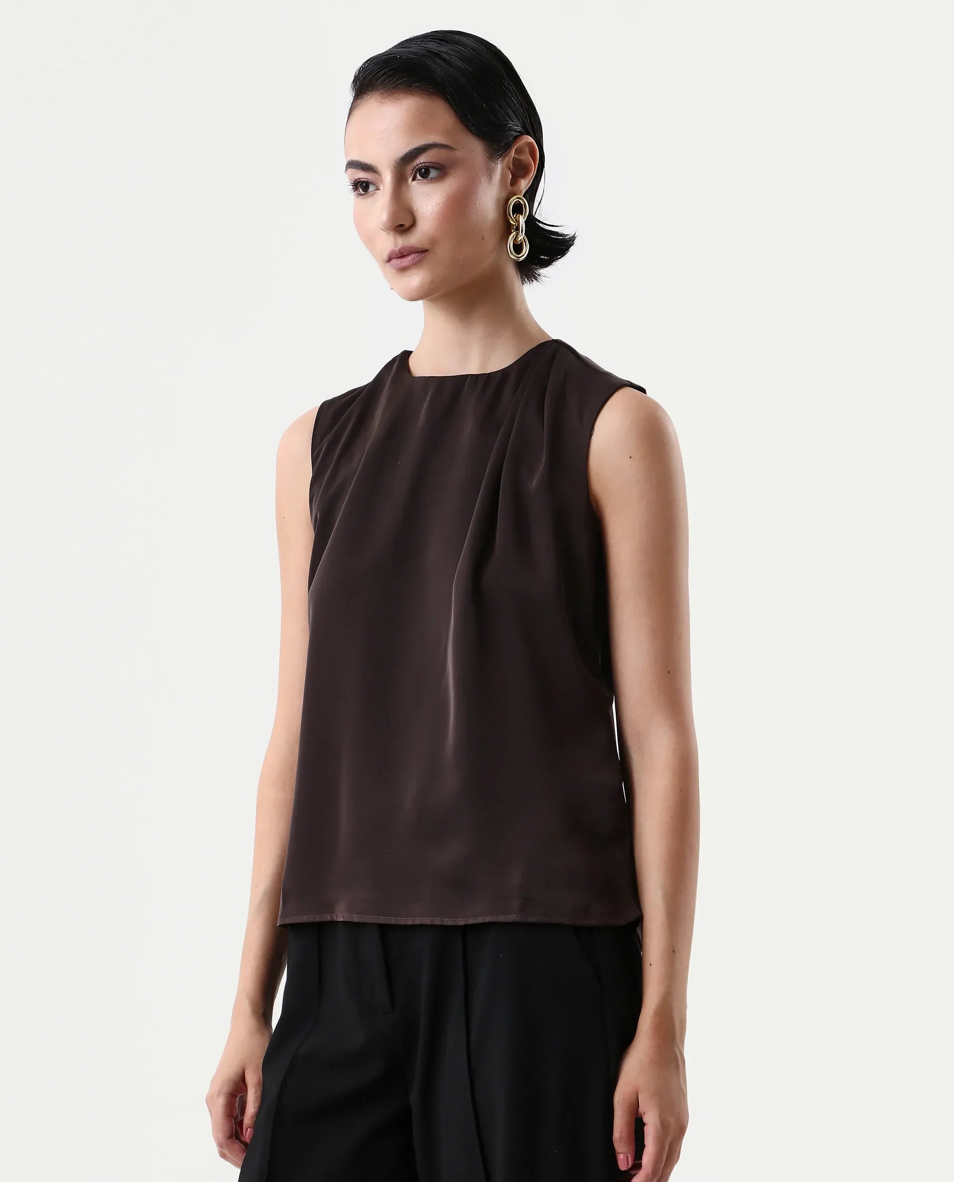 Rareism Women's Aviso Brown Polyester Round Neck Regular Fit Plain Top