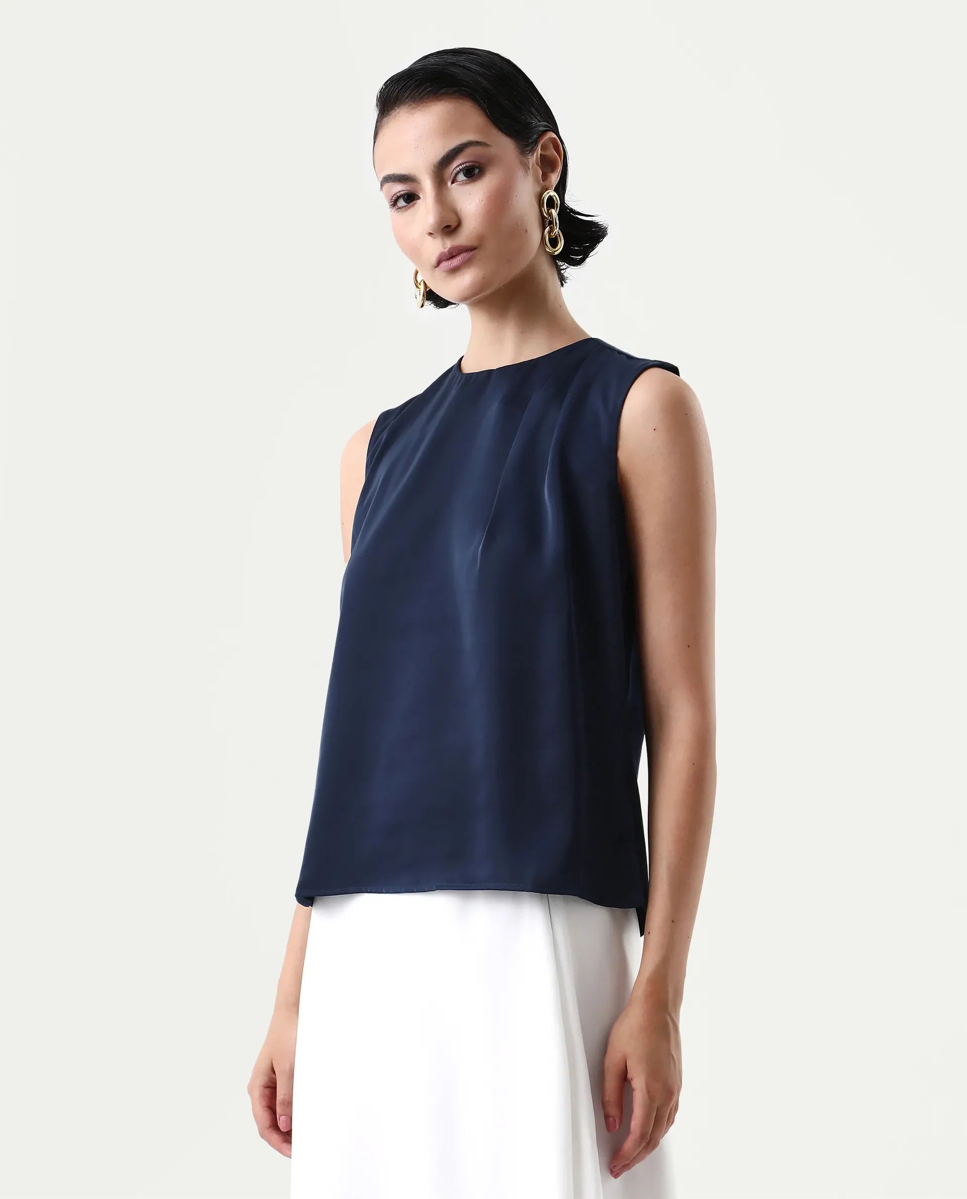 Rareism Women's Aviso Navy Polyester Round Neck Regular Fit Plain Top