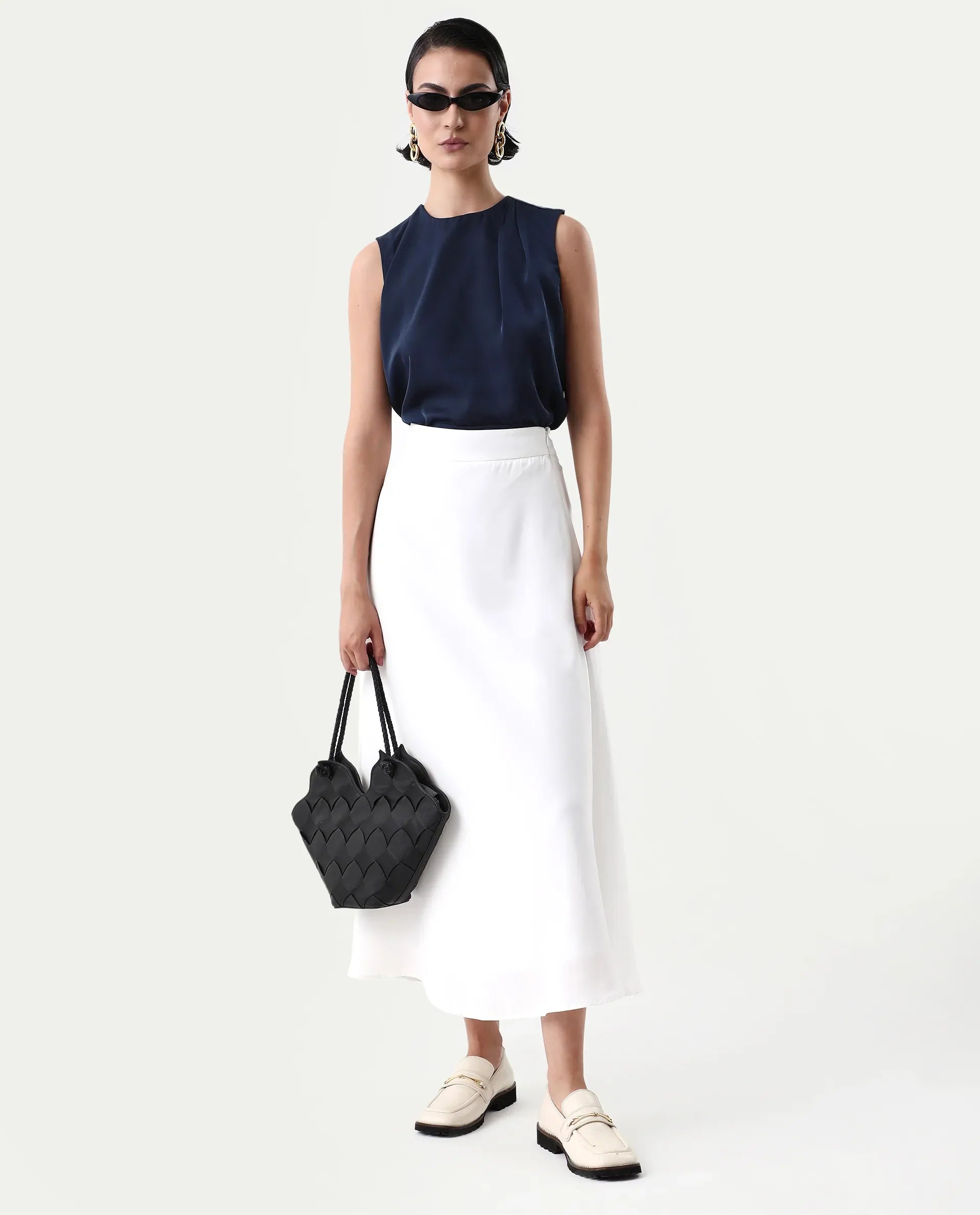 Rareism Women's Aviso Navy Polyester Round Neck Regular Fit Plain Top