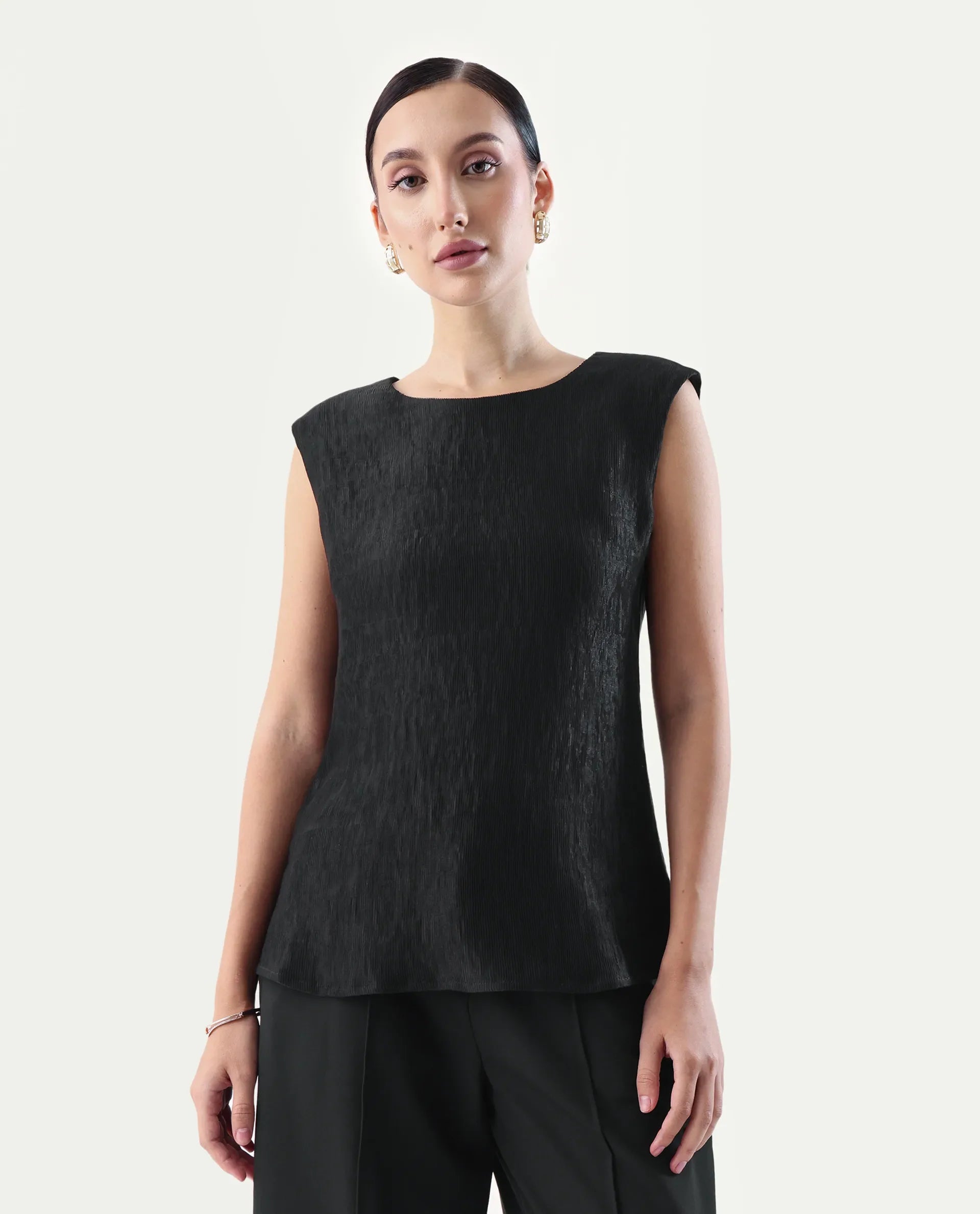 Rareism Women's Avisyn Black Nylon Blend Crew Neck Regular Fit Plain Top