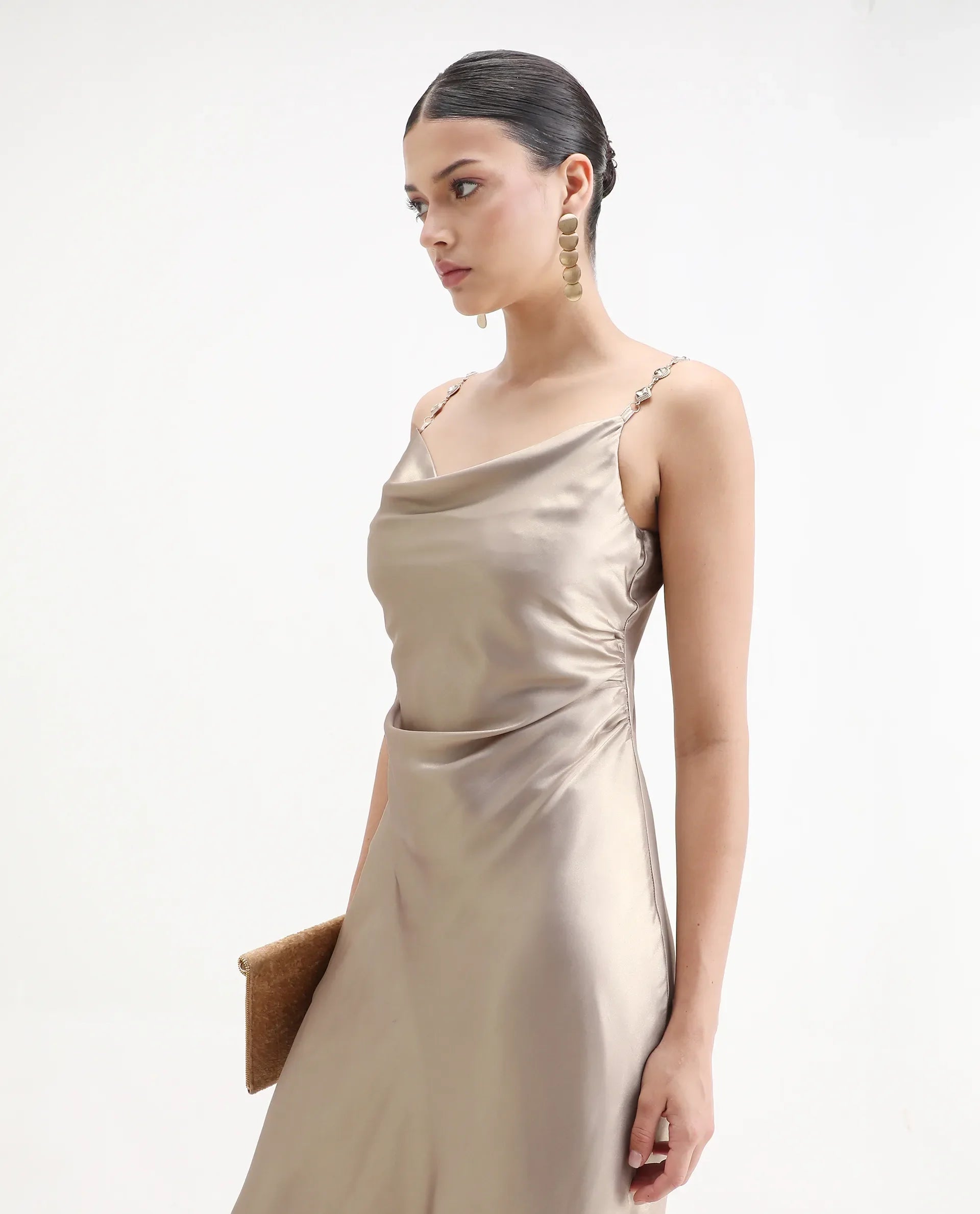 Rareism Women's Avita Beige Polyester Shoulder Straps Fit And Flare Plain Dress