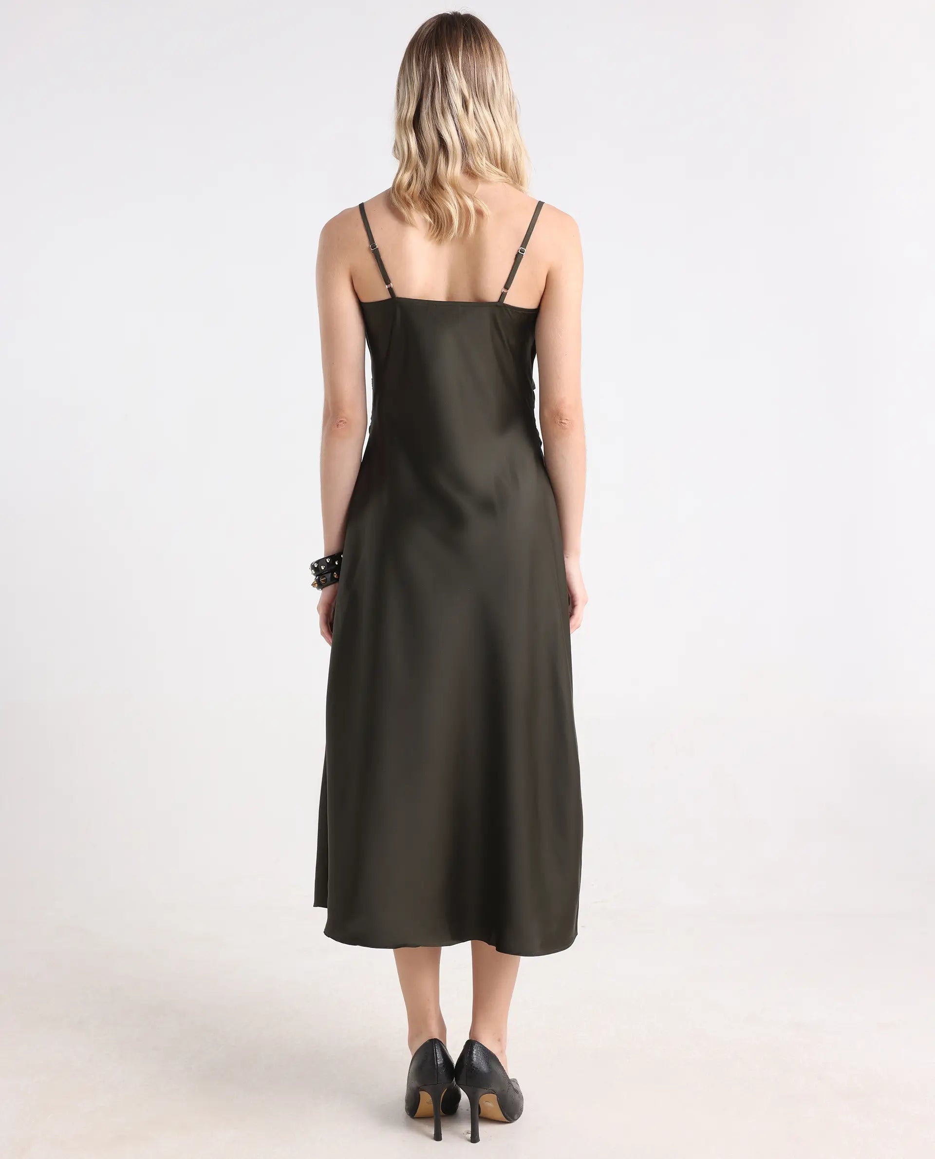 Rareism Women's Avital Olive Polyester Fitted Midi Dress