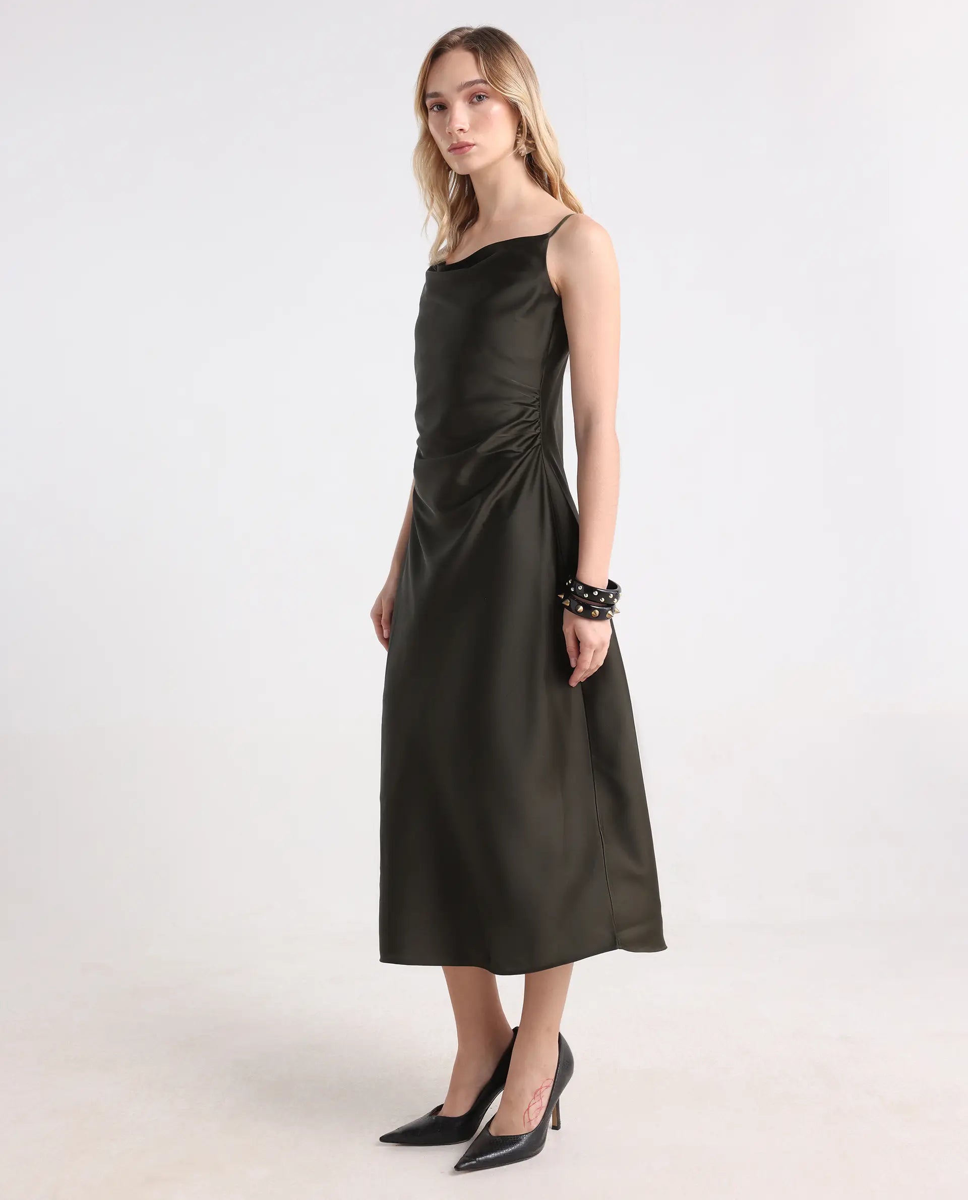 Rareism Women's Avital Olive Polyester Fitted Midi Dress