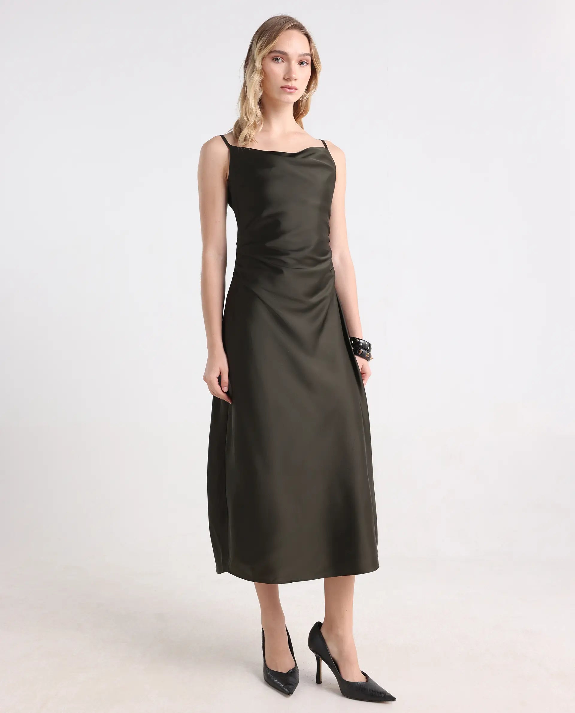 Rareism Women's Avital Olive Polyester Fitted Midi Dress