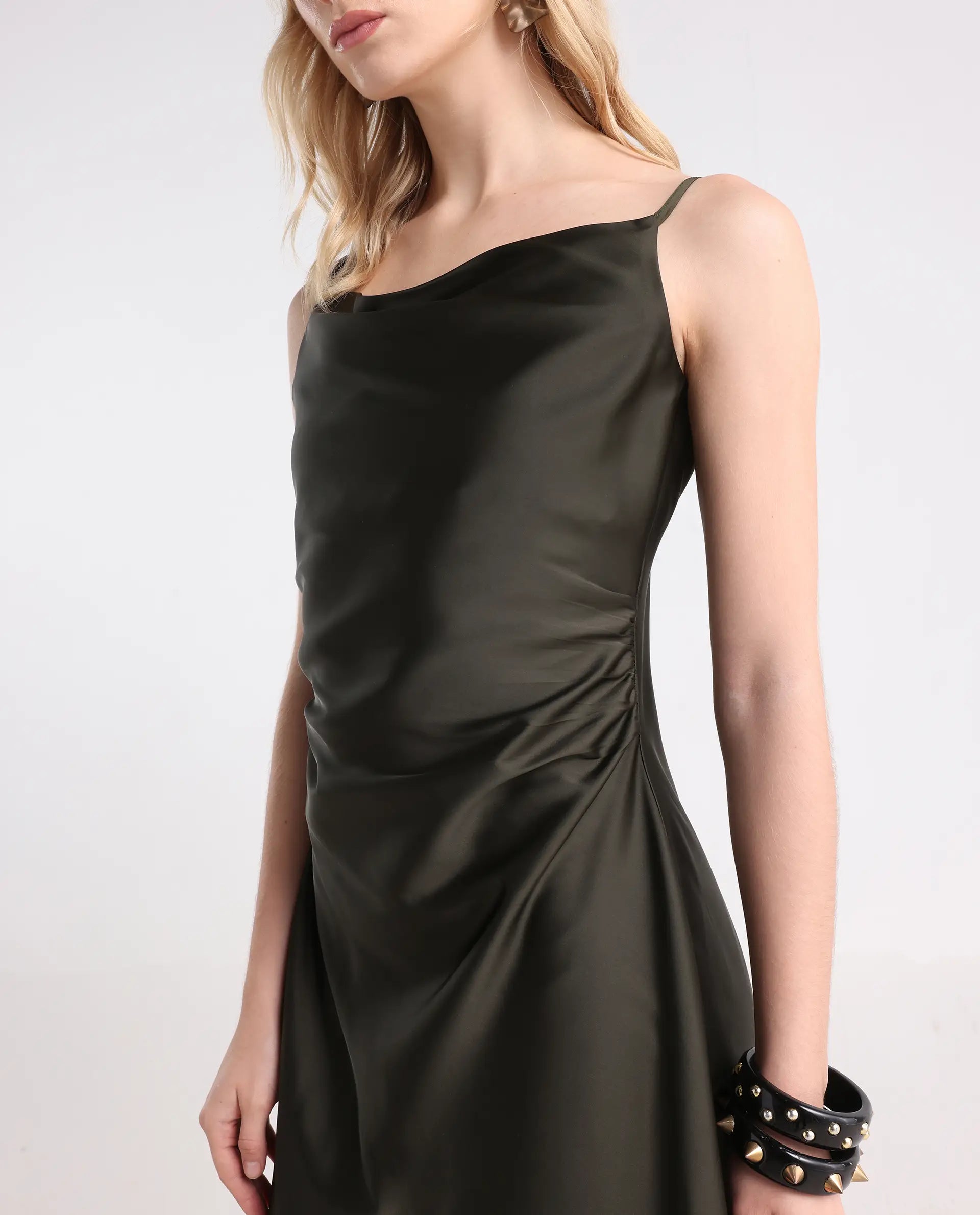 Rareism Women's Avital Olive Polyester Fitted Midi Dress