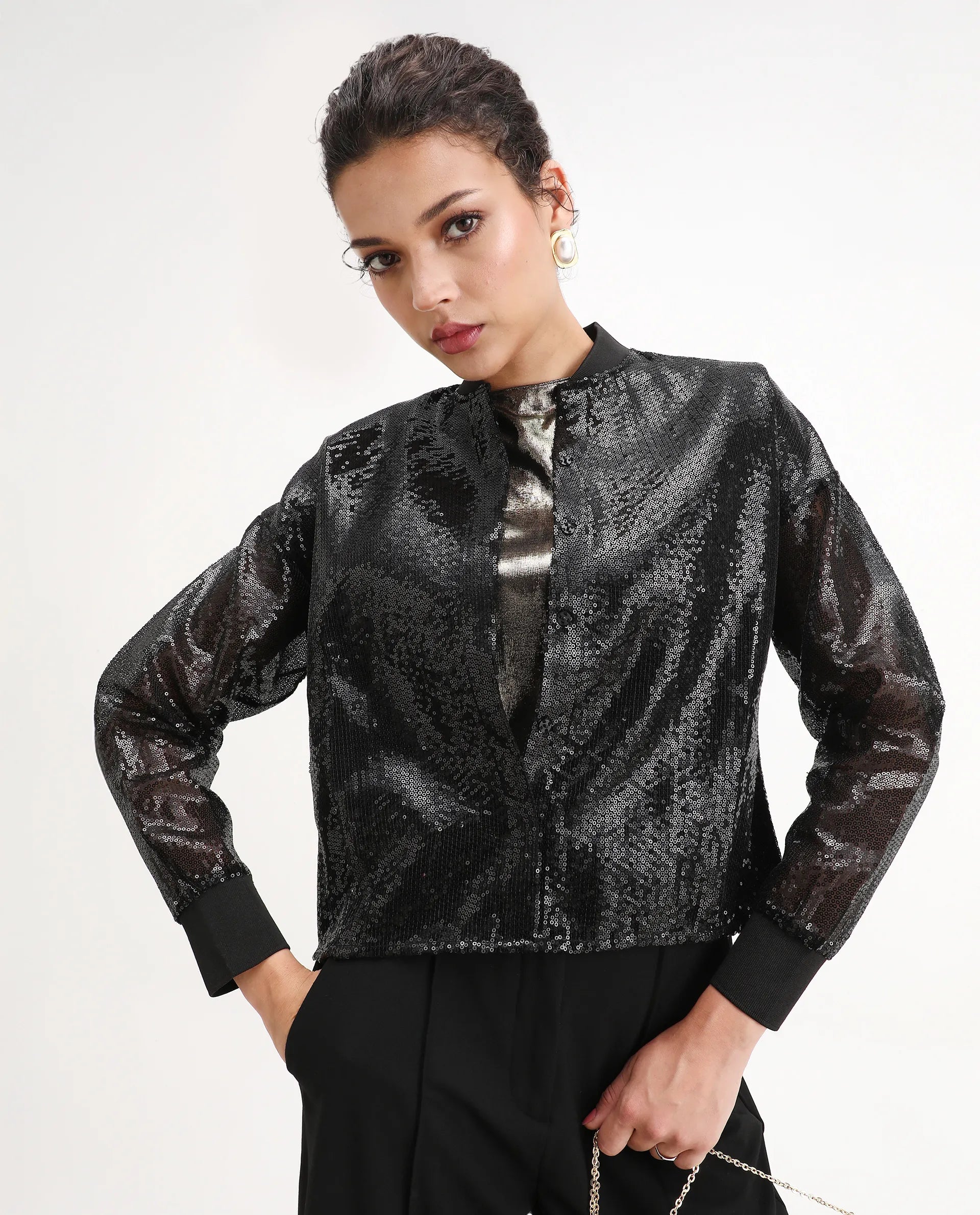 Rareism Women's Aviuby Black Polyester Ribbed Collar Regular Fit Jacket