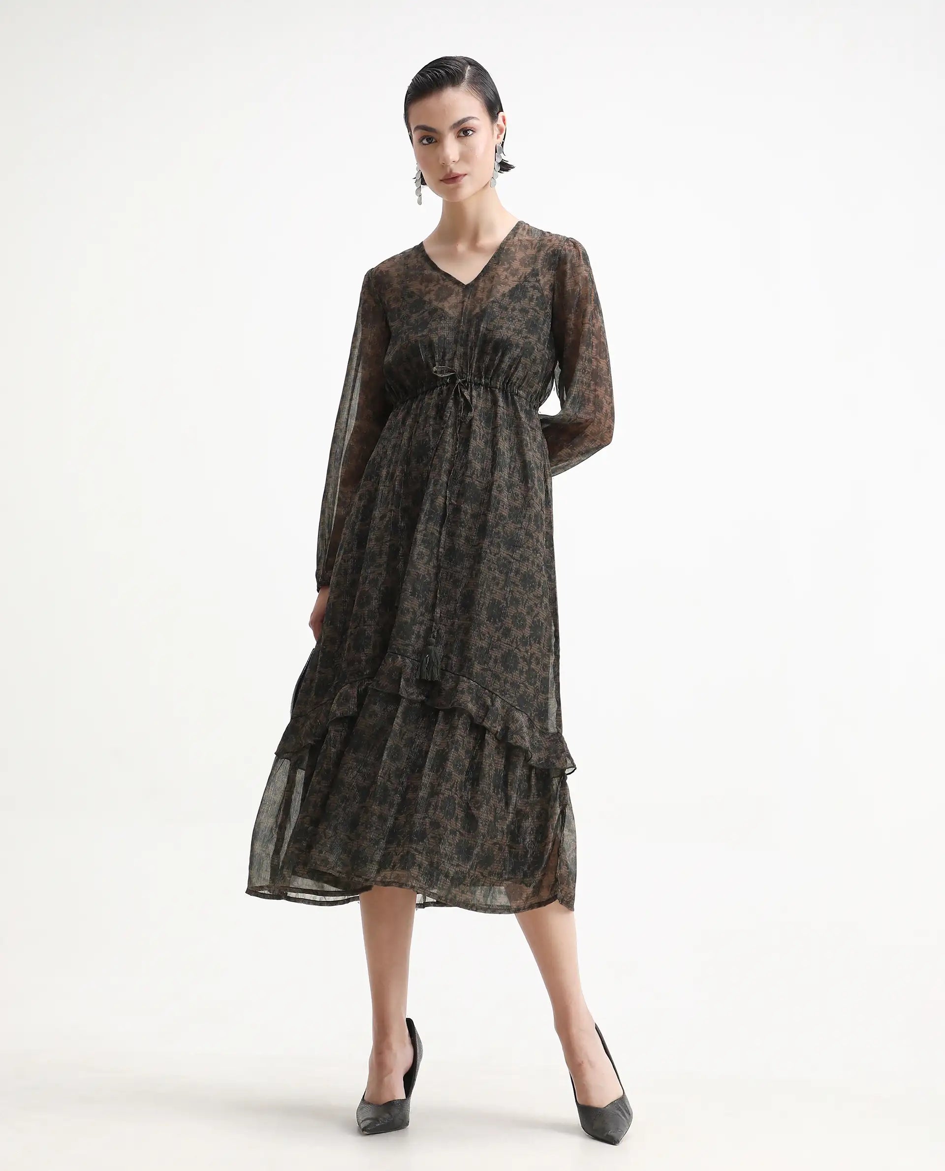 Rareism Women's Aviup Olive Polyester V-Neck Fit And Flare Floral Print Midi Dress