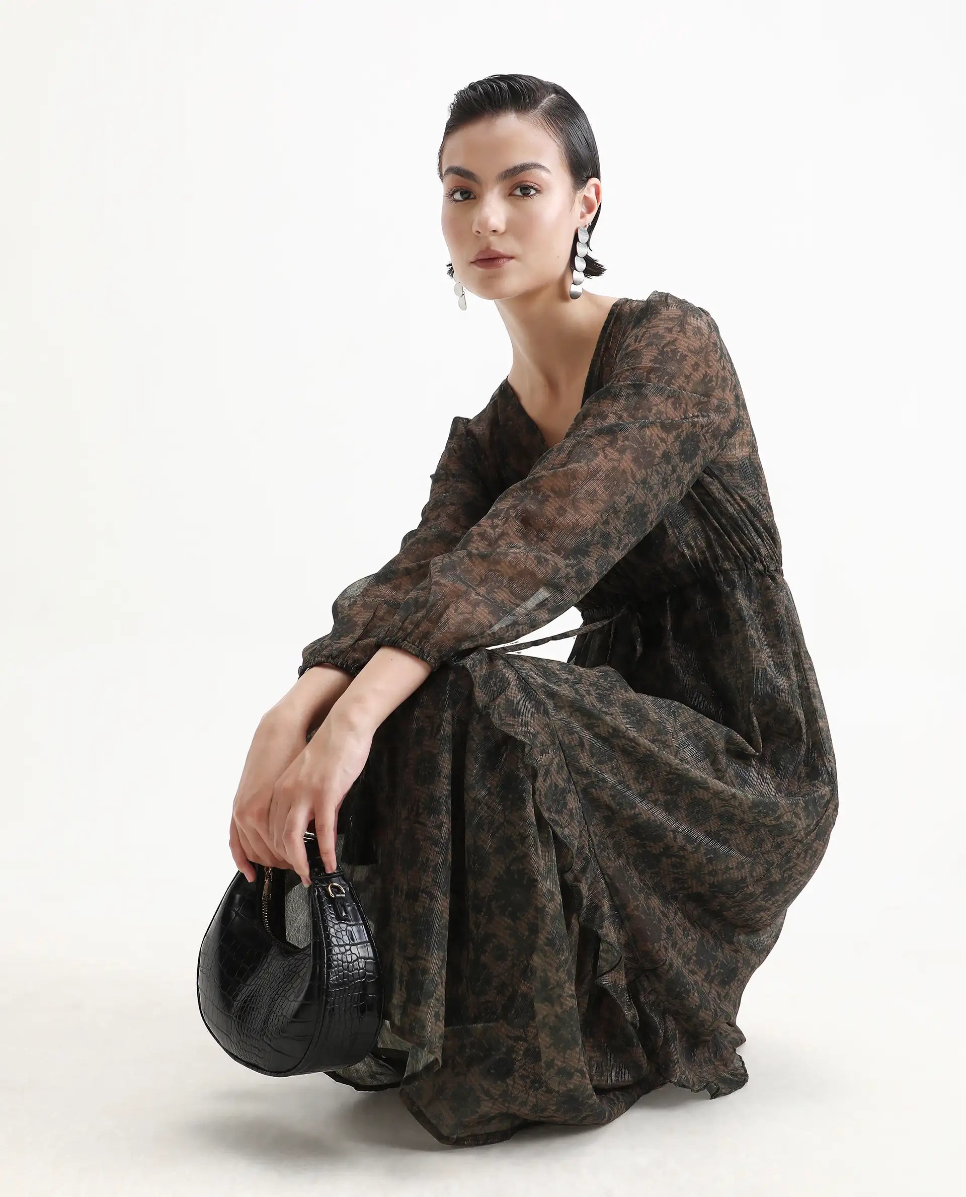 Rareism Women's Aviup Olive Polyester V-Neck Fit And Flare Floral Print Midi Dress