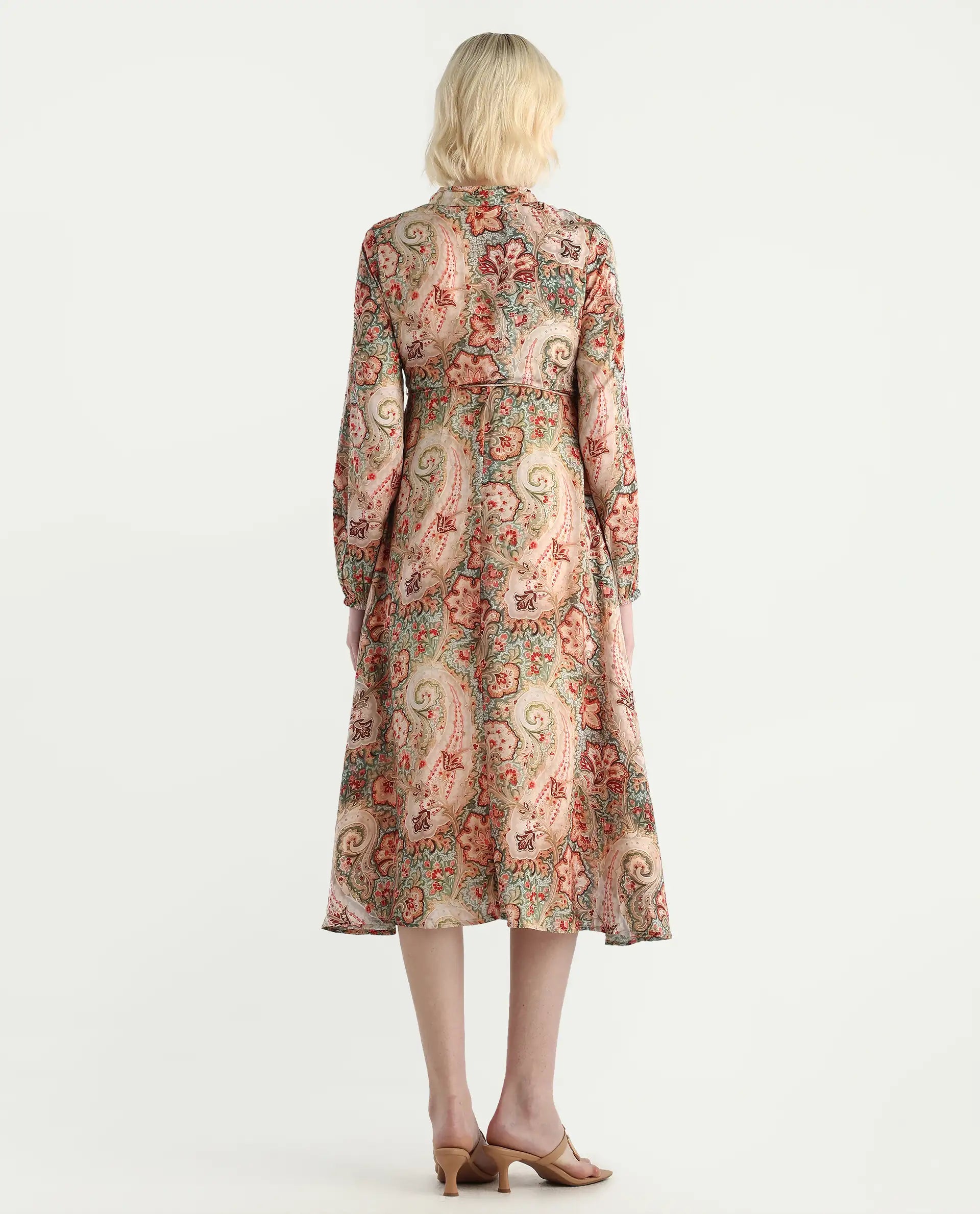 Rareism Women's Aviura Olive 100% Modal Band Collar Fit And Flare Printed Midi Dress