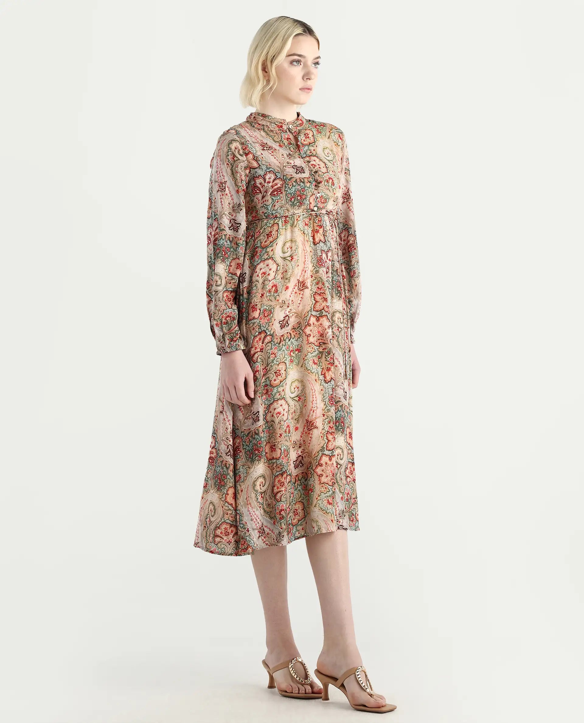 Rareism Women's Aviura Olive 100% Modal Band Collar Fit And Flare Printed Midi Dress