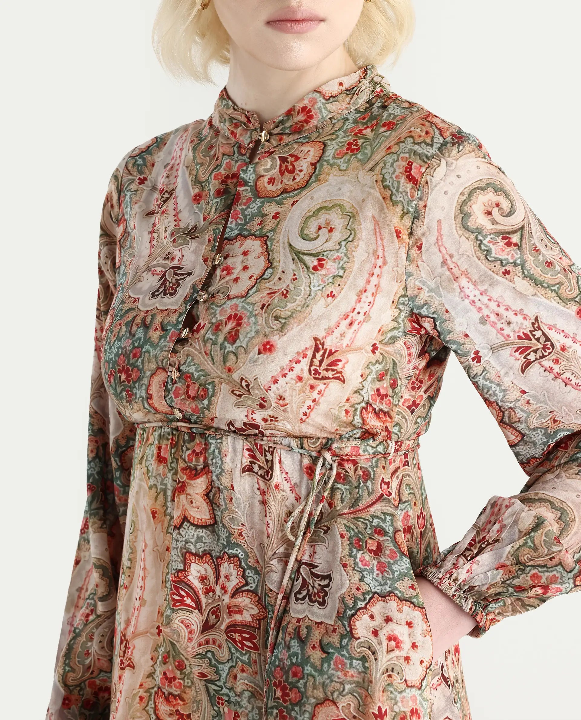 Rareism Women's Aviura Olive 100% Modal Band Collar Fit And Flare Printed Midi Dress