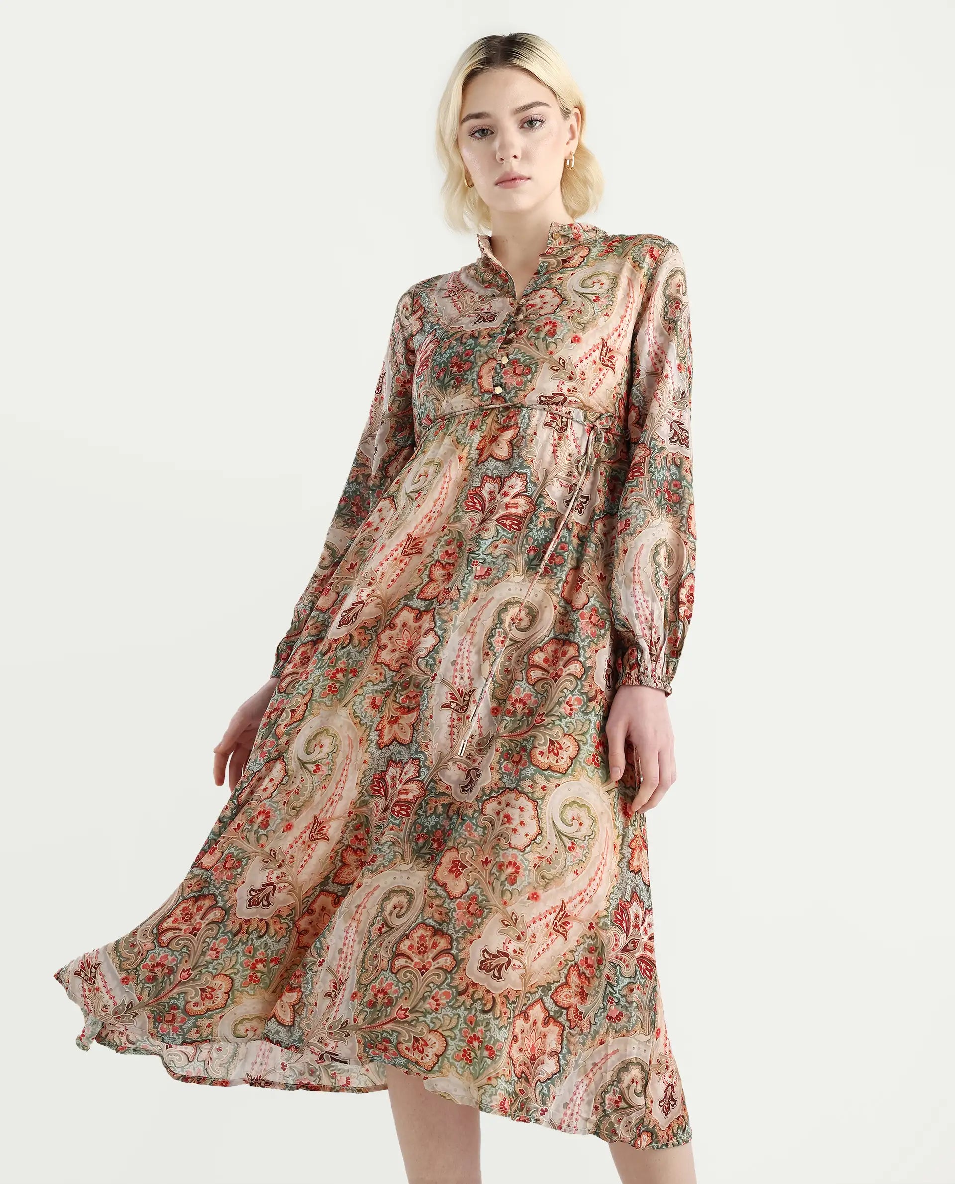 Rareism Women's Aviura Olive 100% Modal Band Collar Fit And Flare Printed Midi Dress