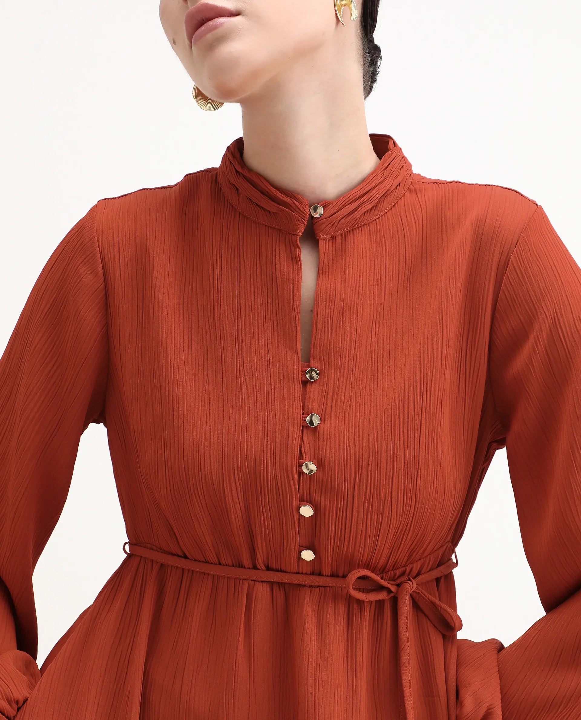 Rareism Women's Aviure Rust Polyester Band Collar Fit And Flare Plain Midi Dress