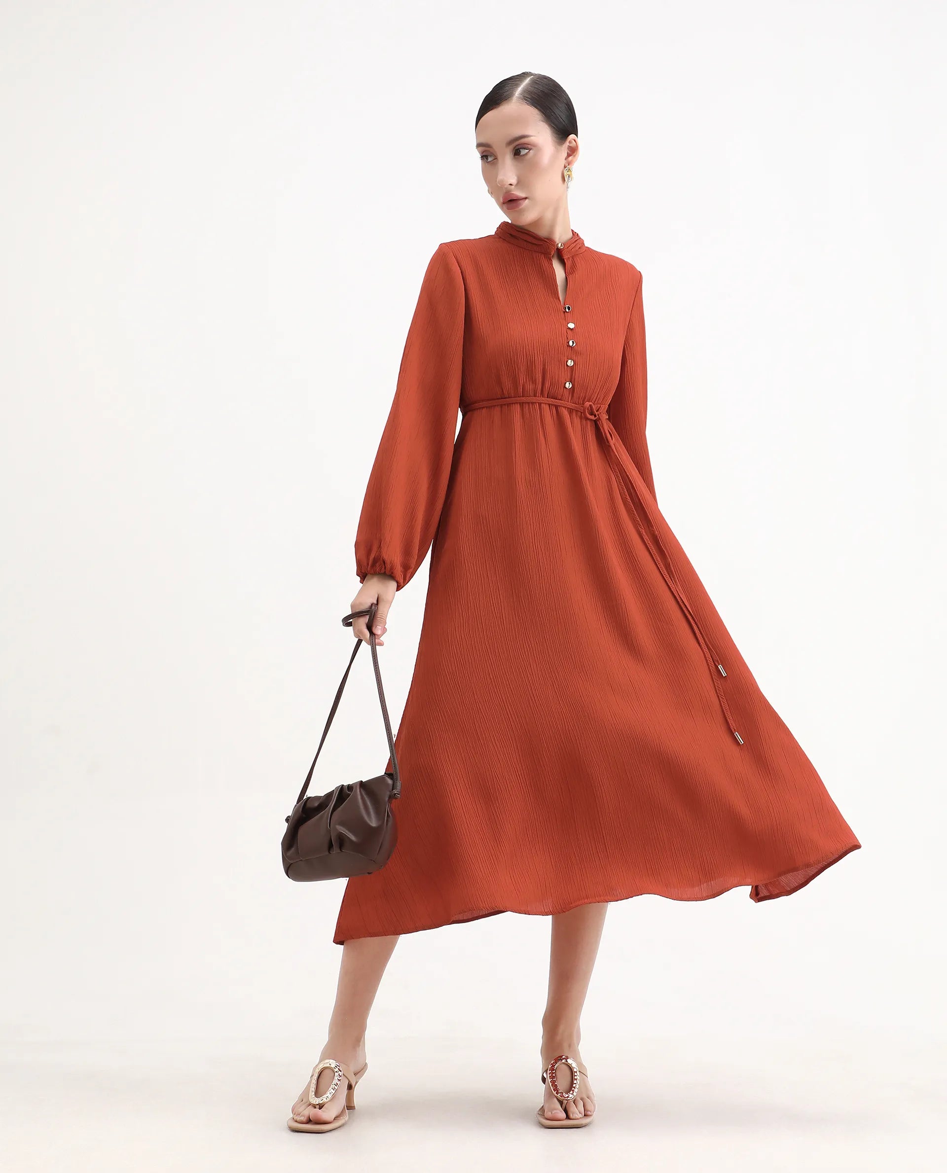 Rareism Women's Aviure Rust Polyester Band Collar Fit And Flare Plain Midi Dress