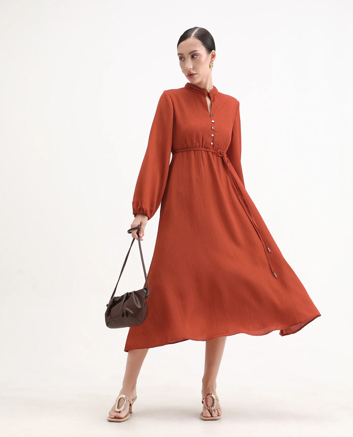 Rareism Women's Aviure Rust Polyester Band Collar Fit And Flare Plain Midi Dress