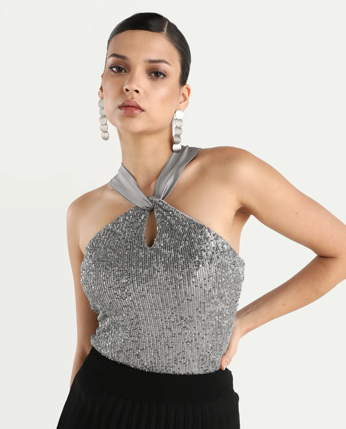 Rareism Women's Aviv Metallic Grey Cotton Blend Halter Neck Sequined Sleeveless Regular Fit Top