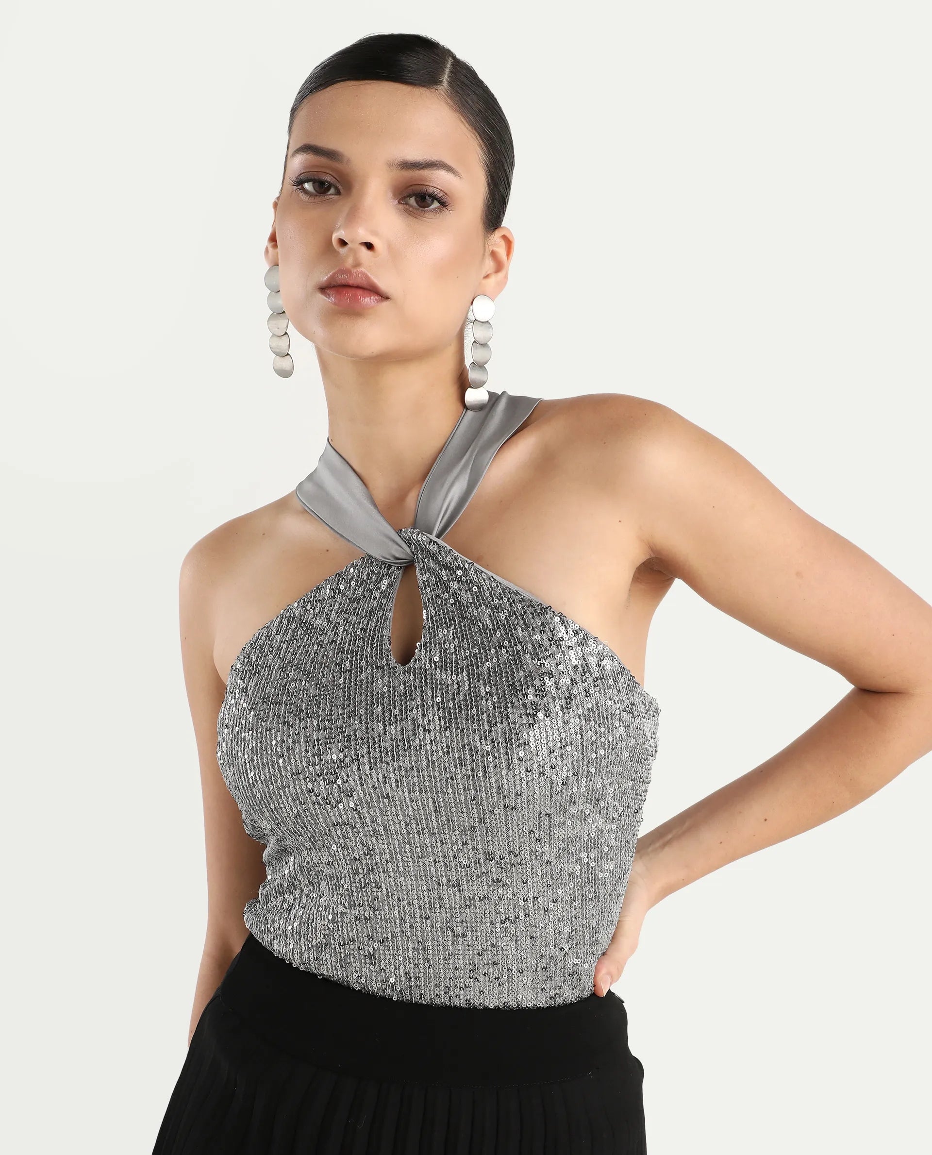 Rareism Women's Aviv Metallic Grey Cotton Blend Halter Neck Sequined Sleeveless Regular Fit Top
