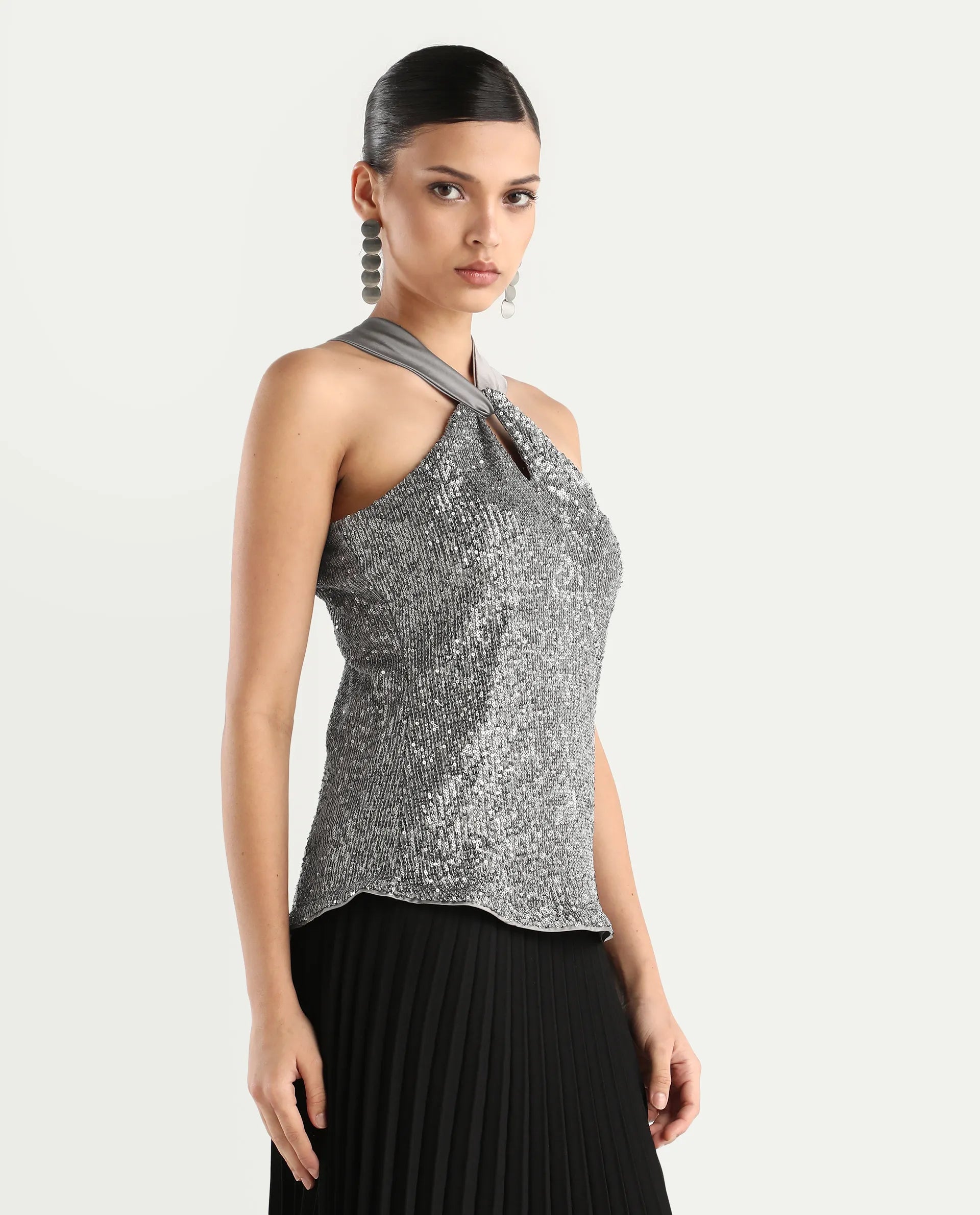 Rareism Women's Aviv Metallic Grey Cotton Blend Halter Neck Sequined Sleeveless Regular Fit Top