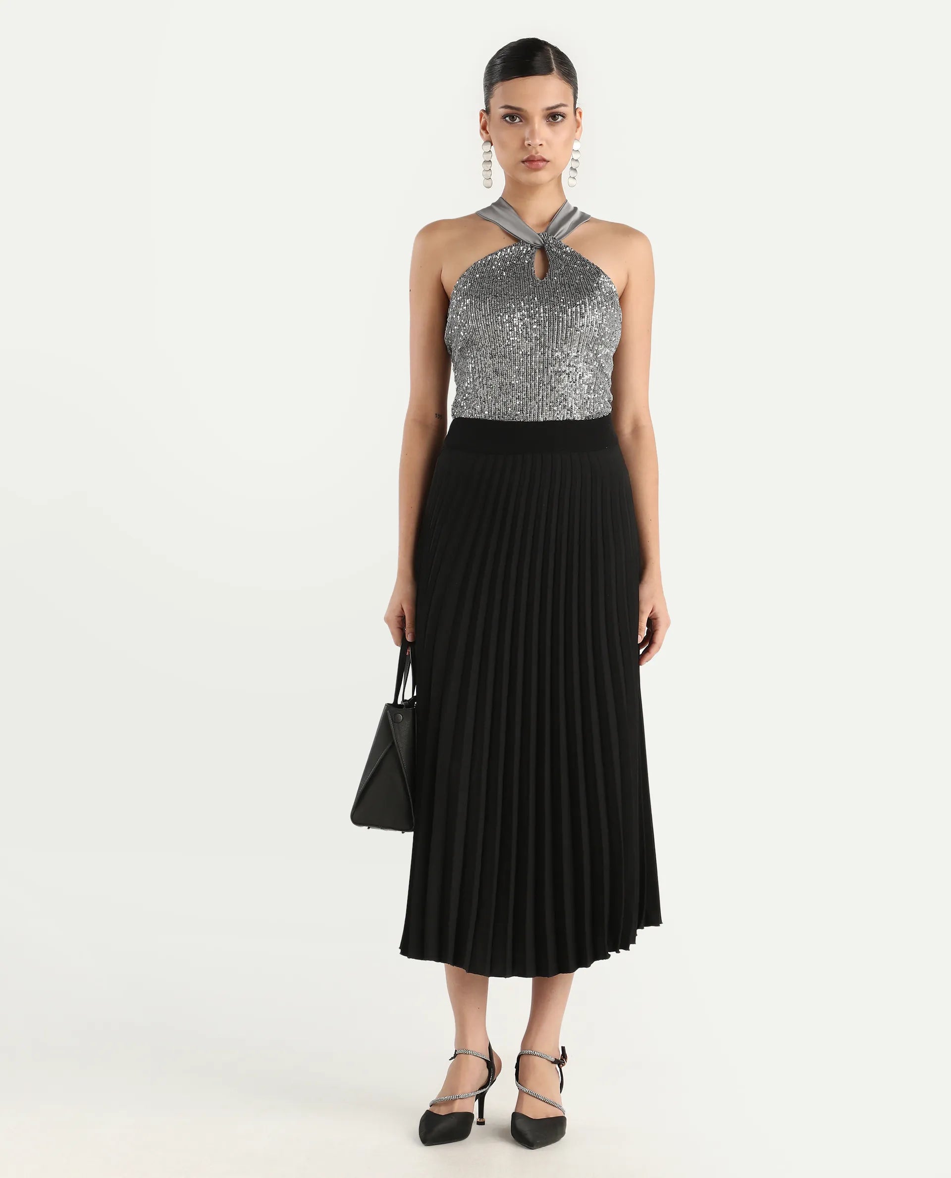Rareism Women's Aviv Metallic Grey Cotton Blend Halter Neck Sequined Sleeveless Regular Fit Top