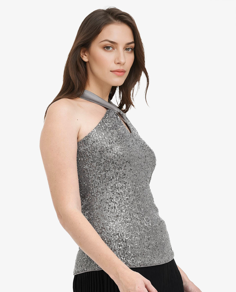 Rareism Womens Aviv Metallic Grey Top Cotton Elastane Sleeveless Sequined