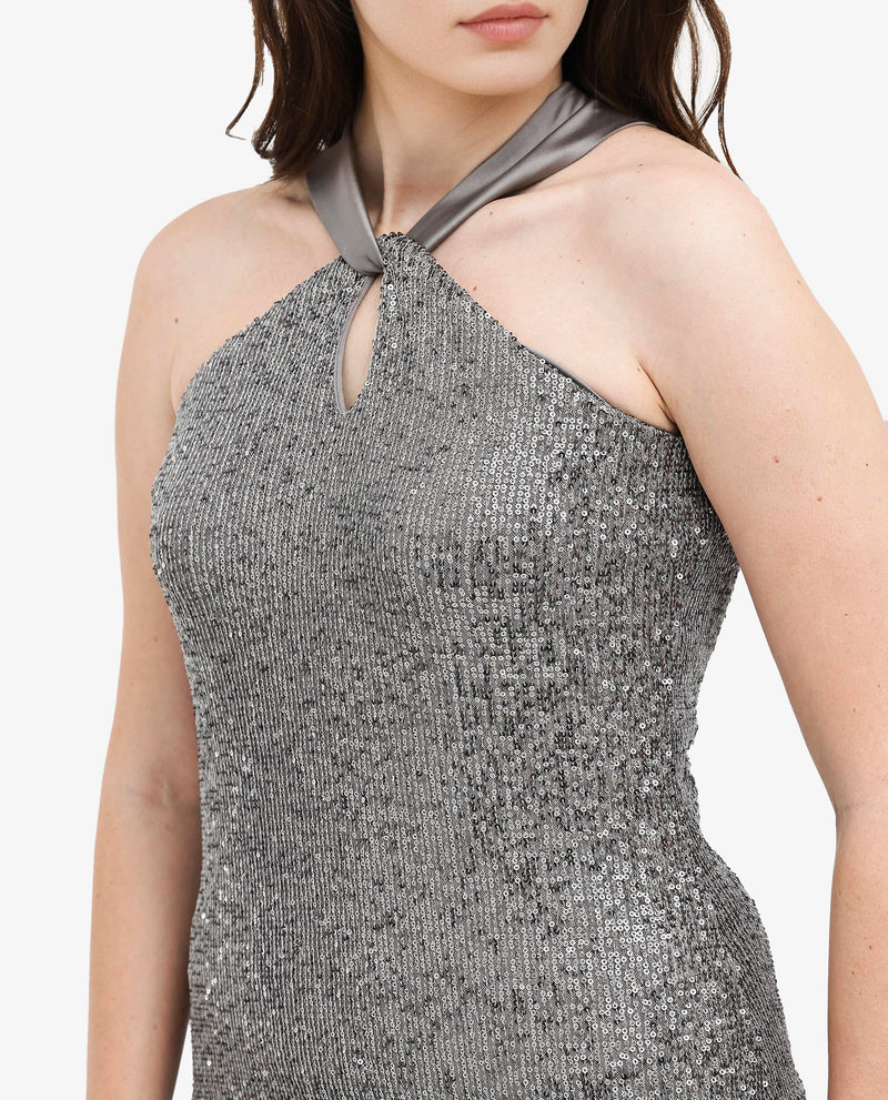 Rareism Womens Aviv Metallic Grey Top Cotton Elastane Sleeveless Sequined