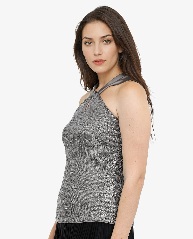 Rareism Womens Aviv Metallic Grey Top Cotton Elastane Sleeveless Sequined